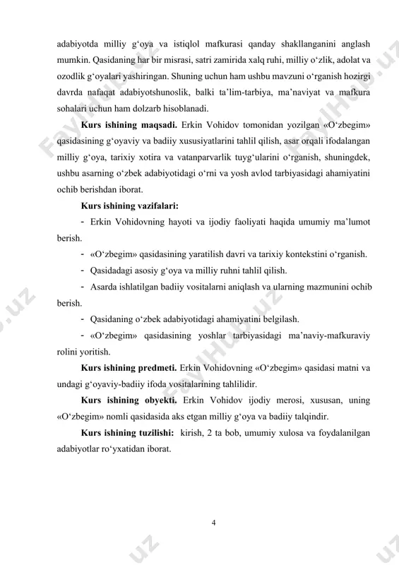 ilgan «human» (inson) ashulasi arab, ingliz, italyan, qozoq, rus, tojik, turk va oʻzbek tillarida taqdim etildi[footnoteref:1]. [1: kitobxon. “erkin vohidov tarjimai holi.” https://kitobxon.com/oz/yozuvchi/erkin_vohidov] erkin vohidov dastlabki tahsilni maktabda olgan. iqtidori, she’riyatga bo‘lgan qiziqishi yoshligidanoq yaqqol sezila boshlagan. u o‘zbekiston milliy universitetining (o‘sha vaqtdagi toshkent davlat universiteti) o‘zbek filologiyasi fakultetida 1955–1960-yillarda tahsil oladi. universitetda o‘qib yurgan kezlaridayoq u adabiy jamoatchilik e’tiborini qozonadi. ayniqsa, o‘zining zamonaviy qarashlari, badiiy tafakkurining kengligi va xalqona ifoda vositalarini o‘zlashtira olishi bilan ajralib turgan. erkin vohidovning ilk she’riy to‘plami — «tong nafasi» 1961-yilda nashr etiladi. ushbu to‘plam yosh shoirning adabiy maydondagi rasmiy chiqishiga asos bo‘ladi. «tong nafasi» kitobi o‘zbek she’riyatiga yangi ruh, yangi badiiy uslub olib kiradi. u nafaqat lirik tasvirlar, balki teran falsafiy mushohadalar, vatanga muhabbat, insonparvarlik g‘oyalari bilan ajralib turadi. keyingi yillarda erkin vohidov «yoshlik devoni», «ruhlar isyoni», «nido», «o‘zbegim» kabi qator to‘plamlar bilan o‘zbek adabiyotida o‘ziga xos ijodiy maktab yaratdi. uning ilk adabiy chiqishlari …