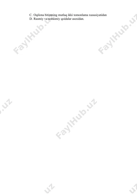 ng real hajmlari bilan taqqoslanadi. d. mahsulot ishlab chiqarishning real hajmi haqidagi ma’lumotlarni olish imkonini beradi. 10. “xufyonalik bahosi” – qanday unsurlardan tarkib topadi? a. huquqiy qoidalardan bo‘yin tovlash va daromadlar transferti bilan bog‘liq xarajatlardan b. soliqlar va ish haqidan c. oqilona bitimning mutlaq ikki tomonlama xususiyatidan d. rasmiy va norasmiy qoidalar asosidan.