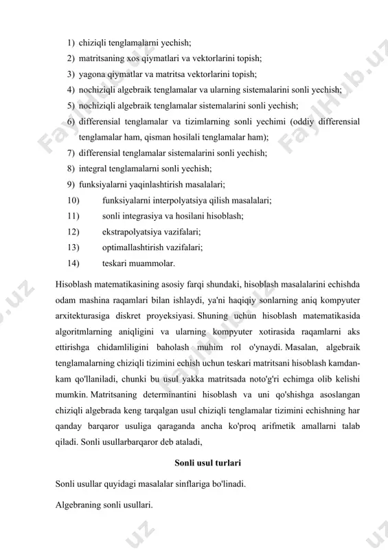bga olinadi. bunday holda, kompyuter yordamida matematik modellashtirish usuli haqiqiy muammoni emas, balki uning modelini tahlil qilishda yaxshiroq imkoniyatlarga ega. matematik modellashtirish jarayoni quyidagi ketma-ketlikda taqdim etiladi: muammoni jismoniy shakllantirish; masalani matematik shakllantirish; muammoni matematik tadqiq qilish; matematik yechimni tahlil qilish va tushunish; yechimni tajriba bilan solishtirish. keling, masalaning matematik bayoni va matematik tadqiqotini batafsil ko'rib chiqaylik. matematik shakllantirish o'rganilayotgan muammoning matematik modelini shakllantirishdan iborat bo'lib, u odatda matematik fizika tenglamalari tizimi (differensial, integral, integral-differensial) hisoblanadi. muammoni matematik tadqiq qilish aslida tenglamalar tizimini yechish va olingan natijalarni tahlil qilish bilan bog'liq. nisbatan sodda masalalar uchun tenglamalar tizimini yechish va yechimni elementar va boshqa ma’lum funksiyalar orqali ifodalangan bog’liqliklar ko’rinishida taqdim etish mumkin. agar bu mumkin bo'lsa, muammoning analitik (aniq) yechimi topilganligi aytiladi. biroq, amaliy jihatdan muhim muammolarning aksariyati analitik echimlarga ega emas. bularga, masalan, qurilish vazifalari kiradi: plitalar, plitalar, poydevorlarning kuchlanish-deformatsiya holatini aniqlash; qattiq jismlar uchun barqarorlik, issiqlik o'tkazuvchanlik muammolari; …