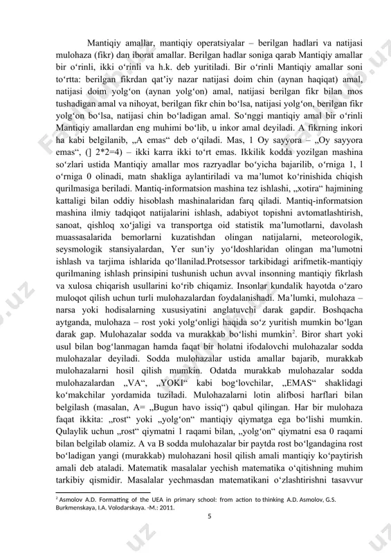 azmunini amallar orasidagi bog‘lanishlarni amal komponentlari bilan natijalar orasidagi ochib berishda, har xil miqdorlar orasidagi bog‘lanishlar bilan tanishishda mos sodda masalalardan foydalaniladi. sodda masalalar o‘quvchilarda murakkab masalalarni yechish uchun zarur, bo‘ladigan bilimlar malakalar va ko‘nikmalarni tarkib toptirish uchun asos bo‘lib xizmat qiladi. masalalar bolalarning masalalarni yechishga o‘rgatish rivojlantirishning foydali vositasi bo‘lib odatda o‘z ichiga ayrim bilimlarni oladi. bu bilimlarni qidirish masala yechuvchidan analiz va sintezga mustaqil murojaat qilish faktlarni taqqoslash, umumlashtirish va hokazolarni talab qiladi. bilishning bu usullarini o‘rgatish matematika o‘qitishning muhim maqsadlaridan biri hisoblanadi. masalalarni yechishda predmetga bo‘lgan qiziqish rivojlanadi, umuman mustaqillik erkinlik, talabchanlik, mehnatsevarlik, maqsadga intilishlik rivojlanadi. o‘quvchilarga tarbiya berishda ham hayotiy masalalar fikr doiralarni kengaytirishga yordam beradi. masalalar ustida ishlar ekan sistemali ravishda va rejali asosda o‘quvchilarning xususiy malakalarini takomillashtirishga olib keladi. boshlang‘ich sinflarda masalalarni o‘rganish yangi tushunchalarni shakllantirish, soda masalarni yechishdan murakkablarni yechishga o‘tish yordamida amalga oshiriladi. bunda qo‘shish, ayirish, ko‘paytirish va bo‘lishga doir har xil …