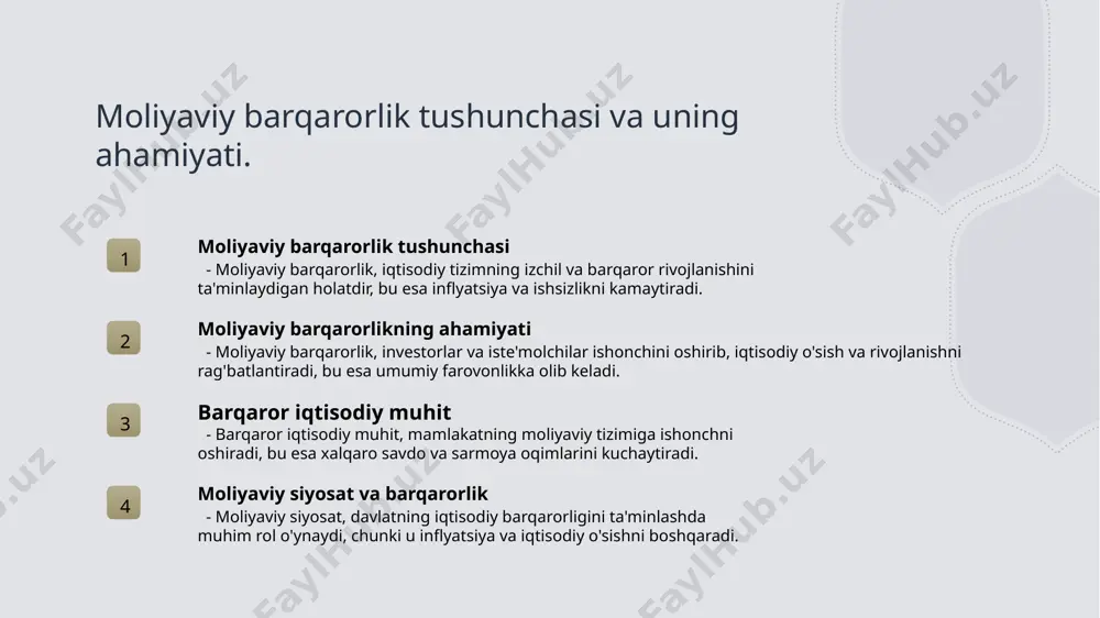 bu ta'sir iqtisodning rivojlanishiga yordam beradi. iqtisodiy siyosat moliyaviy barqarorlikni ta'minlashda davlatning iqtisodiy siyosati, multiplikator ta'sirini kuchaytirish orqali iqtisodiy faoliyatni rag'batlantiradi va investitsiyalarni jalb qiladi. o'zbekiston misoli o'zbekistonda multiplikator ta'sirning roli, iqtisodiy o'sish strategiyalarida ko'rinadi, bu esa moliyaviy barqarorlikni mustahkamlashga xizmat qiladi va aholi farovonligini oshiradi. ijtimoiy ta'sir multiplikator ta'siri, nafaqat iqtisodiy, balki ijtimoiy sohalarda ham barqarorlikni ta'minlab, ish o'rinlari yaratishga va aholi daromadlarini oshirishga yordam beradi. o'zbekiston iqtisodida moliyaviy barqarorlikning ahamiyati va muhim omillari. moliyaviy barqarorlik ahamiyati o'zbekiston iqtisodiyotida moliyaviy barqarorlik, iqtisodiy o'sish va investitsiyalarni jalb etish uchun zaruriy shartdir. bu, inflyatsiyani nazorat qilishni ta'minlaydi. muvozanatli iqtisodiy o'sish moliyaviy barqarorlik, o'zbekiston iqtisodida muvozanatli iqtisodiy o'sishni ta'minlaydi. u, resurslarni samarali taqsimlashda va ijtimoiy barqarorlikni saqlashda muhim rol o'ynaydi. xalqaro investitsiyalar moliyaviy barqarorlik, xalqaro investitsiyalarni jalb qilish uchun muhimdir. o'zbekistonda barqaror moliyaviy muhit yaratilganda, investorlar ishonch bilan investitsiya kiritadilar. multiplikator ta'sirining o'zbekiston moliyaviy barqarorligiga ta'siri. multiplikator ta'siri o'zbekiston moliyaviy barqarorligiga sezilarli …