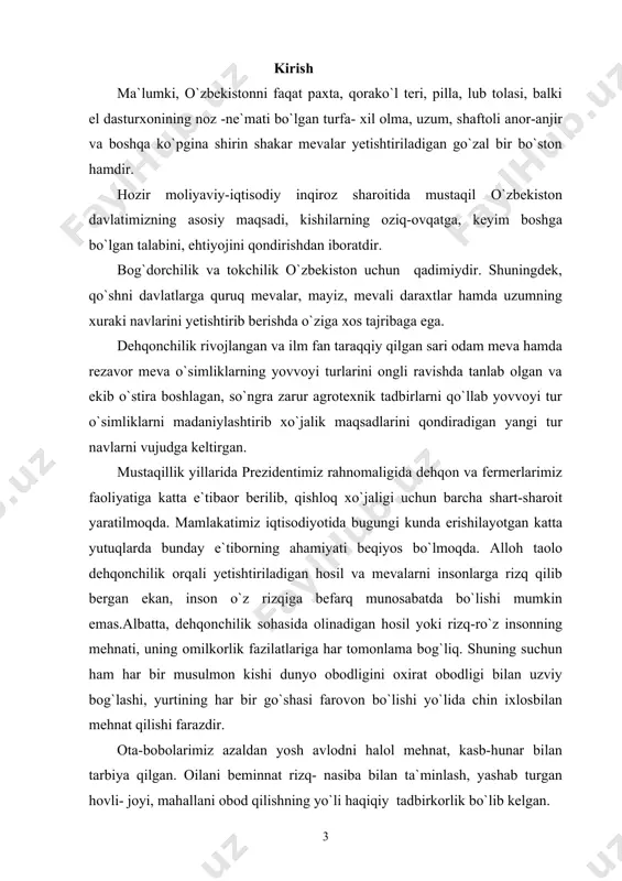 kka moslashgan va undan kasallik keltirib chiqarish xususiyatiga ega bo`lgan turlari uchraydi. shuning uchun ular ko`p yillik daraxtlar va ularning ko`chatlarini, mevali va poliz ekinlarini, texnik va manzarali o`simliklarni kasallantiradi. jumxuriyatimiz miqyosida ekologik sharoitning o`zgarib borishi olma daraxtida har xil kasalliklarning namoyon bo`lishiga sabab bo`lmokda. ana shu kasalliklarning oldini olish va unga qarshi samarali ko`rash choralarini ishlab chiqish dolzarb masalalardan biri hisoblanadi. mavzuning dolzarbligi. respublikamiz miqyosida ekologik sharoitning o`zgarib borishi mevachilik va bog`dorchilikda har xil kasalliklarning namoyon bo`lishiga sabab bo`lmoqda. ana shu kasalliklarning oldini olish va unga qarshi samarali kurash choralarini ishlab chiqish dolzarb masalalardan biri hisoblanadi. ishning maqsadi: ra`noguldoshlar oilasi vakillaridan olma turlarining zamburug` kasalliklarini o`rganishdan iborat. nishon tumanining ayrim qishloqlarida usadigan olma turlaida uchraydigan zamburug`larining turlarini aniqlash. bitiruv malakaviy ishning vazifasi. nishon tumanida tarqalgan zamburug`larning tur tarkibini aniqlash. -aniqlangan zamburug`larni taksonomik jihatdan tahlil qilish; tadqiqot obyekti va predmeti: mirishkor tumanidan yig`ilgan zamburug` namunalari tadqiqot obyekti bo`lib xizmat qildi. …