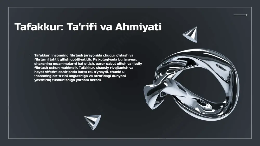 rqali o'quvchilar o'z fikrlarini rivojlantirishi mumkin. bu metod o'quvchilarni faol ishtirok etishga undaydi. xulosa tafakkurning psixologik nazariyalari ta'lim jarayonida muhim ahamiyatga ega. ularning amaliy qo'llanilishi o'quvchilarning fikrlash qobiliyatini rivojlantirishga yordam beradi. psixologik nazariyalar: umumiy ko'rinish psixologik nazariyalar inson fikrlash jarayoniga jiddiy ta'sir ko'rsatadi. masalan, kognitiv nazariya fikrlarni qanday qabul qilish va qayta ishlash jarayonini o'rganadi, bu esa odamlarning qaror qabul qilishiga ta'sir qiladi. shuningdek, psikoanaliz nazariyasi inson ruhiy holatini va his-tuyg'ularni tahlil qilib, fikrlash usullarini tushunishga yordam beradi. har bir nazariya o'ziga xos yondashuvni taqdim etadi va ular o'rtasidagi o'zaro bog'liqlik inson psixikasini yanada chuqurroq o'rganishga imkon beradi. tafakkur va psixologik jarayonlar kognitiv nazariya - tafakkurning strukturasi kognitiv nazariya tafakkur jarayonlarini tushuntirishda muhim ahamiyatga ega. ushbu nazariya, insonning bilim olish, muammolarni hal qilish va qaror qabul qilishdagi faoliyatini o'rganadi. kognitiv jarayonlar mantiqiy fikrlash va xotira bilan chambarchas bog'liqdir. emotsional nazariya - hissiyotlarning ta'siri emotsional nazariya inson hissiyotlarining tafakkur jarayonlariga ta'sirini …