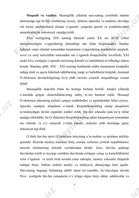 i (1864-1910 yy.) o`tirdi. soniyva feruz nomlari bilan ham mahlum bo`lgan bu hukmdor xiva xonlari orasida eng adolatparvar va ma’rifatparvar hukmdor bo`lganligi bois ham 47 yil davomida mamlakatni idora qilgan. uning zamondoshlari bo`lgan ogahiy va bayoniylar asarlarida sayid muhammadrahimxon ii (feruz) faoliyatida adolatparvarlik va haqgo`ylik, qattiqqo`llik va talabchanlik bilan, ma’rifatparvarlik esa tashabbuskorlik bilan uyg`unlashib ketganligi haqida mahlumotlar beradilar. bu xon o`zining butun hukmronligi davrida el – yurt farovonligi, tinchlik – osiyishtaligi uchun kurashdi. xonlikda dehqonchilik, sug`orishishlari, savdo-sotiq va hunarmandchilik taraqqiy etdi. bu davrda xorazmda ayniqsa ilm - fan, adabiyot va san’at, mehmorchilik yuksaldi. xonning o`zi “feruz” taxallusi bilan ijod qilib o`zbek mumtoz adabiyoti rivojiga katta hissa qo`shdi[footnoteref:6]. [6: б.эшов. ўзбекистонда давлат ва маҳаллий бошқарув тарихи. т., “янги аср авлоди” 2012. ] zamonaviy xorazm tarixchilari sayid muhammad rahimxon ii hukmronligini ikki bosqichga ajratadilar. birinchi bosqich 1864 – 1873 yillar, xon hukmronligining dastlabki o`nyilligi bo`lib, bu davrda muhammad rahimxon ii davlatni mustaqil …