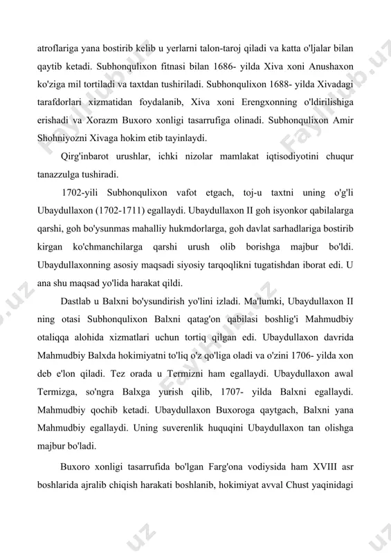 parokandalik kuchaydi. har bir viloyat hokimi mustaqil bo'lishga intildi. natijada, ubaydullaxonga qarshi fitna uyushtirildi va 1711 - yilning 16- martida u o'ldirildi. taxtga ubaydullaxonning inisi abulfayzxon (1711-1747) o'tqizildi. abulfayzxon tomonidan fitnaning hamma ishtirokchi va ijrochilari saxiylik bilan mukofotlandi. ular katta-katta lavozim egalari bo'ldilar. ubaydullaxonning yaqinlari, amaldorlarining mol-mulklari talandi, o'zlari esa qatl etildi. shunday qilib, parokandalikka qarshi, oliy hokimiyatni kuchaytirish va mamlakat birligini ta'minlash uchun kurashgan ubaydullaxonning hukmronligi fojiali yakunlandi. abulfayzxon kundan kunga mamlakat hayotida nufuzi kuchayib borayotgan amirlar va zodagonlar qo'lida bir qo'g'irchoq hukmdor edi, xolos. bu davrga kelib, xonning ahvoli shu darajaga borib yetdiki, uning farmonlari saroy ostonasidan nariga o'tmaydigan bo'lib qoldi. zamondosh tarixchilarning ma'lumotlariga qaraganda, abulfayzxon „saroyning oldi (ya'ni registon) tinch bo'lsa bo'lgani", degan gapni doimo takrorlab turgan. abulfayzxon davrida o'zbeklarning mang'it qabilasidan kelib chiqqan muhammad hakimbiy katta nufuzga ega bo'lib oladi. u barcha shahzodalar otaliqlarining boshlig'i deb tan olingan edi. bu boshqa qabilalar aslzodalarining qat'iy noroziligiga sabab …