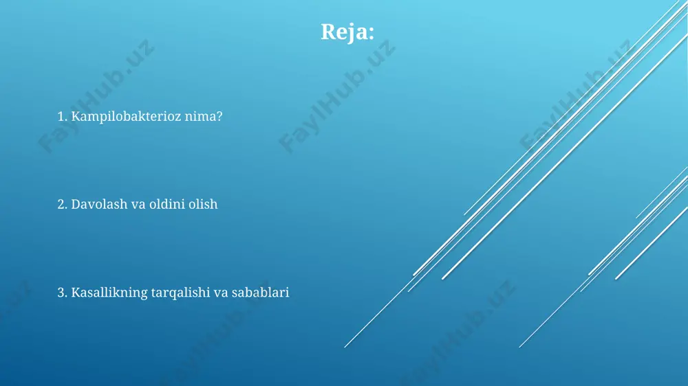 ori haroratda), qo'llarni muntazam yuvib turish va xom go'sht bilan aloqa qilgandan keyin dezinfektsiyalash juda muhim. tovuq go'shti kampilobakteriozning asosiy manbai hisoblanadi, aqshda o'tkazilgan tadqiqotlar shuni ko'rsatdiki, sotilgan tovuq go'shtining 20-30% infektsiyalangan. e'tiboringiz uchun rahmat @taqdimot_robot