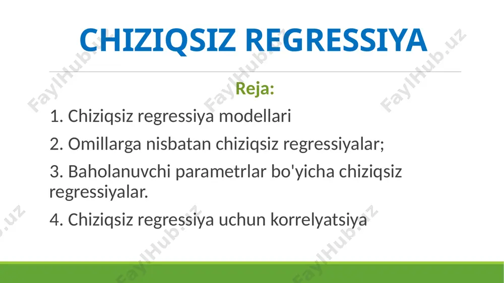 rganishda keng qo'llaniladi. 1. chiziqsiz regressiya modellari 1960-1995 yillarga ko'ra aqsh yalpi ichki mahsuloti ishlab chiqarish funktsiyasi bu erda y - yaim, k – kapital, l - mehnat 2. omillarga nisbatan chiziqsiz regressiyalar ikkinchi darajali parabola tenglamasida o'zgaruvchilarni , deb almashtirib quyidagi ikki omilli chiziqli regressiya tenglamasiga ega bo’lamiz: 2. omillarga nisbatan chiziqsiz regressiyalar ikkinchi darajali parabola tenglamasida o'zgaruvchilarni , deb almashtirib quyidagi ikki omilli chiziqli regressiya tenglamasiga ega bo’lamiz: 2. omillarga nisbatan chiziqsiz regressiyalar ikkinchi darajali parabola ko’rinishidagi regressiya tenglamasi parametrlarini ekku yordamida topish: 2. omillarga nisbatan chiziqsiz regressiyalar polinom: va 2. omillarga nisbatan chiziqsiz regressiyalar agar o'zaro bog'lanishning parabolik shakli y ning avval o’sishini so’ngra pasayishini namoish etsa, u holda x ning natijani maksimumga erishtiradigan qiymati topiladi. masalan, oilada a maxsulot (birligini) daromad darajasiga bog'liq holda iste'mol qilinishi tenglama bilan tavsiflansin. tenglamaning birinchi tartibli hosilasini nolga tenglab , maksimal iste’mol miqdorini beruvchi daromad qiymatini topamiz, ya'ni ming so'mda …