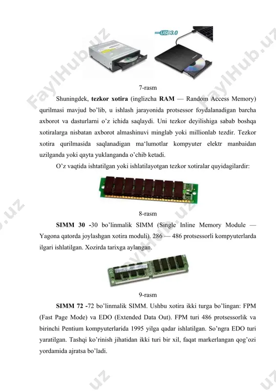 gan rasmlar va matnlar (hikoya, referat va boshqalar)ni «printer» deb ataluvchi qurilma yordamida qog’ozga chop etish mumkin. о’z navbatida printerlar bosma (matritsa-о’yma qolipli) purkovchi va lazerli turlarga bо’linadi. 15-rasm shuningdek, sо’nggi vaqtlarda printerlarning yangi avlodi — 3d printer rivojlanmoqda. nazorat uchun savollar: 1. kompuyeterning asosiy qurilmalari va uning vazifalari haqida gapirib bering? 2. kompuyeterning qo’shimcha qurilmalariga misollar keltiring? foydalanilgan adabiyotlar 1. bolalar bog’chasida kompyuter savodxonligi. o’quv qo’llanma r.r.boqiyev, r.yu. mehmonov, d.k.husnitdinova toshkent - 2010. 2. informatika o’qitish metodikasi f.zokirova.. darslik. - 2005. 3. axborot texnologiyalari. o’quv qo’lanma-t.: aripov m., begalov b., begimqulov u., mamarajabov m., ―nashr‖ 2009-368 b 4. kompyuyter grafikasi va web-dizayn. tavsiya etilga o’quv qo’llanma. m.e.mamarajabov., s.q.tursunov., l.m.nabiulina toshkent-2013 ―cho’lpon‖. 5. informatika va axborot texnalogiyalari. akademik litsey va kasb-hunar kollejlari uchun darslik – t.: sattorov a. ―o’qituvchi‖, 2002 y.-256 b. 6. informatika va axborot texnalogiyalari. akademik litsey va kasb-hunar kollejlari uchun darslik – t.: sattorov a. ―o’qituvchi‖, 2002 …