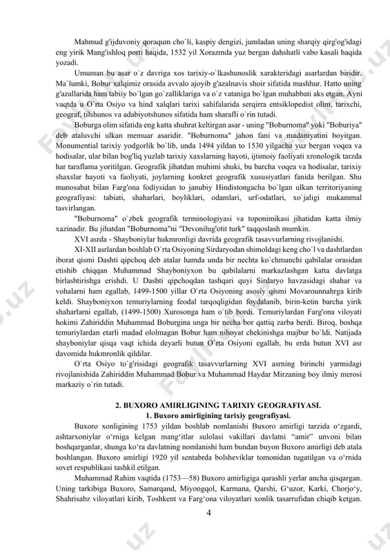 shga qulay edi. xorazmga ham g'alla amudaryo orqali shu erdan olib kelingan. don ekinlaridan bug'doy, arpa, tariq, qo`qonda makkajuxori ko`p ekilgan. ma`lum bir tumanlarda sholi, dukkakli ekin (mosh, no`xot, loviya) ekilgan. texnika ekinlaridan paxta faqat xo`jalikdagina emas, davlat miqyosida ham, tashqi savdoda ham muhim ahamiyatda bo`lgan. bog'dorchilik va mevachilik zarafshon, qashqadaryo va farg'onada keng rivojlangan. farg'ona meva va poliz ekinlari haqida "boburnoma" asasrida aniq ma`lumotlar berilgan. qishloq xo`jaligida temir tishli omoch, mola, ketmon, belkurak, panshaha kabi asboblardan foydalanishgan. pillachilik xo`jalikning muhim tarmog'i hisoblangan. pilla qurti ariq chetiga ekiladigan tut bargi bilan boqilgan. pillaning davlat ahamiyatida bo`lganligi uchun tut daraxtlarini asosan yirik er egalari sotib olganlar. aholining ayrim qismini bo`yoq, ayrimlari esa dori-darmon uchun o`simliklar etishtirganlar. chorvachilikning asosiy sohasi yilqichilik edi. qo`shin, transport (ulov), sport o`yinlari va qishloq xo`jaligida foydalanish uchun minglab otlar boqilgan. zotdor otlar juda qimmat turgan. yilqichilikdan tashqari qoramol, mayda shoxli hayvonlar boqilgan. qishloq xo`jaligi, savdo karvonlari uchun …