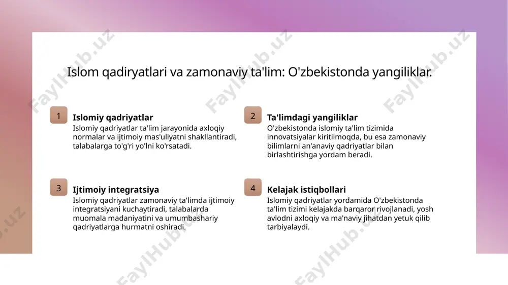 arga moslashtirish orqali o'zbekistonning global maydondagi o'rnini mustahkamlashga yordam beradi. 03 ta'lim va ma'naviyat ta'lim tizimi, axloqiy va madaniy qadriyatlarni o'z ichiga olgan holda, yosh avlodni tarbiyalashda muhim rol o'ynaydi va jamiyatni rivojlantiradi. 04 ijtimoiy hamkorlik ijtimoiy hamkorlik, turli guruhlar orasida axloqiy va madaniy qadriyatlarni muhokama qilish orqali o'zbekistonda barqaror rivojlanish uchun zaruriy shartdir. xulosa islom qadriyatlari ta'siri islom qadriyatlari, axloqiy normalar va ijtimoiy mas'uliyatni shakllantirib, jamiyatda barqarorlikni ta'minlashda muhim rol o'ynaydi. ta'lim va ma'naviyat ahamiyati ta'lim jarayonida ma'naviyat va islomiy qadriyatlar, yosh avlodni axloqiy jihatdan yetuk qilib tarbiyalashda zaruriy shart hisoblanadi. o'zbekiston kelajagi istiqboli o'zbekistonning kelajagi, marifat va ma'naviyatga asoslangan ta'lim tizimiga bog'liq bo'lib, yoshlarni rivojlantirishda muhim ahamiyat kasb etadi. foydalanilgan adabiyotlar 1. juraev, h. a. islom qadriyatlari va ularning zamonaviy jamiyatdagi roli. o'zbekiston milliy universiteti, 2021 2. sattorov, m. marifat va ma'naviyat: o'zbekistondagi ahamiyati. o'zbekiston yozuvchilar uyushmasi, 2020 3. rahimov, f. etika va madaniyat: zamonaviy jamiyatda ta'siri. o'zbekiston …