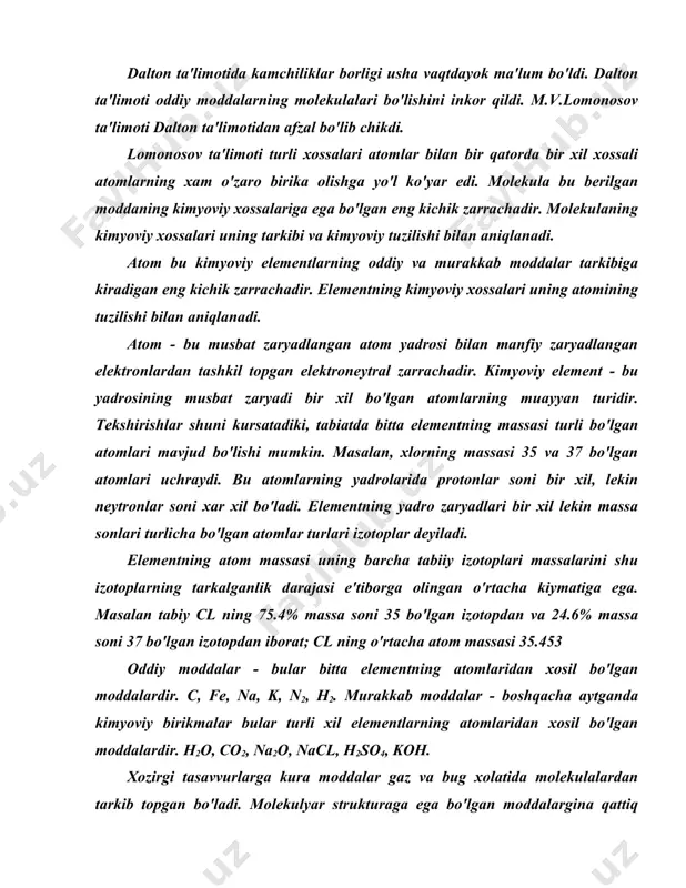ddalar, metallmaslar ayrim istisnolardan tashqari so2, n2o kiradi. kattik (kristall) anorganik moddalarning kupchiligida molekulyar struktura bo'lmaydi. ular molekulalardan emas, balki boshqa zarrachalardan (ionlardan, atomlardan) tarkib topgan va makrojismlar xolida mavjud bo'ladi (nacl kristallari, kvars zarrachalari, temir parchasi va boshqalar). agar anorganik makrojismlar bitta kimyoviy elementning bir xil atomlaridan tarkib topgan bulsa, u xolda kimyoviy birikmalar bo'ladi. molekulyar strukturali moddalarda molekulalar orasidagi kimyoviy bog'lanish puxtaligi molekula ichidagi atomlar orasidagi bog'lanishga qaraganda bushrok bo'ladi. shu sababli ularning suyuqlanish va qaynash temperaturasi nisbatan past bo'ladi. nomolekulyar strukturadagi moddalarda zarrachalar orasidagi kimyoviy bog'lanish juda puxta bo'ladi. shu sababli ularning suyuqlanish va qaynash temperaturasi xam yuqori bo'ladi. kristallarning ma'lum shaklga va anizatroplik xossasiga ega bo'lishi ularning ichki tuzilishidan, tarkibiy qismlarning ma'lum qonun asosida joylashuvidan kelib chiqadi. 1912 yilda rentgen nuri yordamida kristallarning ichki tuzilishini aniqlash mumkin bo'lganidan so'ng, bu fikr to'la tasdiklandi. tekshirishlarning kursatishicha, kristall moddani tashkil kilgan zarrachalar fazoda ma'lum tartib bilan joylashib, fazoviy …