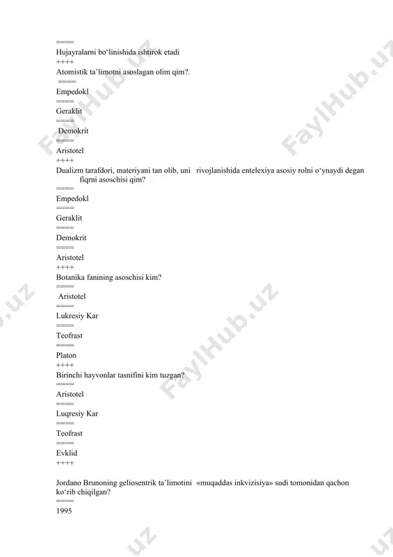 irin ketinligini aniqlang? ==== interfaza, profaza, metafaza, anafaza, telofaza ==== interfaza, metafaza, profaza, telofaza, anafaza ==== interfaza, profaza, anafaza, telofaza, metafaza ==== profaza, interfaza, anafaza, telofaza, metafaza ++++ mitozga tayyorgarlik mitozning qanday fazasida bo‘ladi? ==== interfaza ==== metafaza ==== telofaza ==== anafaza ++++ mitozni qanday fazasida yadrocha yo‘q bo‘lib ketadi? ==== profaza ==== telofaza ==== interfaza ==== anafaza ++++ mitozning biologik moxiyati nimalardan iborat? ==== xromosoma miqdorining o‘zgarmasligi ==== xromosoma miqdorining ikki xissa kamayishi ==== xromosoma miqdorining ikki xissa ortishi ==== irsiy axborotni avlodga o‘tkazish, ++++ mitozning qaysi fazasida xromosomalar ekvatorga joylashadi? ==== metofaza ==== profaza ==== anafaza ==== telofaza ++++ mitozning qanday ikki fazasida qarama-qarshi jarayonlar ketadi? ==== profaza, telofaza ==== interfaza, profaza ==== metafaza, anafaza ==== interfaza, anafaza ++++ mitozning qanday fazasida mitozga tayyorgarlik ketadi? ==== interfazada ==== profazada ==== metofazada ==== telofazada ++++ mitozning qanday fazasida xromosomalar ikkilanadi? ==== interfazada ==== metafazada ==== anafazada ==== telofazada ++++ …