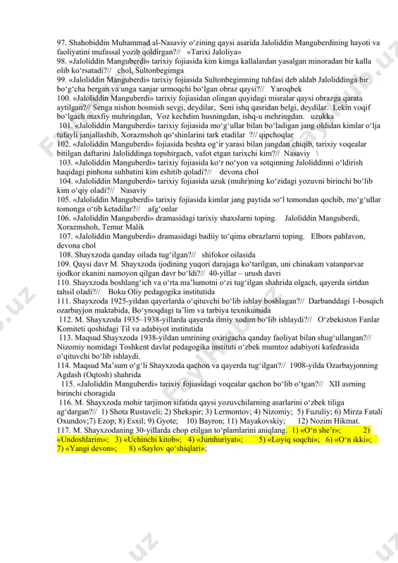 atish borasida muhim targ‘ibiy-tarbiyaviy ahamiyat kasb etdi. 49. «jaloliddin manguberdi» tarixiy fojiasida jaloliddinni mo‘g‘ullar bilan bo‘ladigan jang oldidan tashlab ketgan qipchoq amiri kim?// sayfiddin ag‘roq 50. «jaloliddin manguberdi» tarixiy fojiasida jaloliddinni mo‘g‘ullar bilan bo‘ladigan jang oldidan tashlab ketgan g‘urlar boshlig‘i kim?// amir badriddin b) a’zam sayfiddin ag‘roq muzaffar 51. «jaloliddin manguberdi» tarixiy fojiasida sardor bo‘lib, jang maydoniga kirgan ayol kishi kim?// sultonbegim 52. «jaloliddin manguberdi» tarixiy fojiasida jaloliddin temur malikka sotqin shaxsning firib berishini anglagach, kimni jarning bo‘yiga qo‘shin bilan jo‘natadi?// elbors pahlavonni 53. «jaloliddin manguberdi» tarixiy fojiasida temur malikning qaysi qal’adan mo‘g‘ullarni quvib chiqarganligi ta’kidlanadibanokent qal’asidan 54. «jaloliddin manguberdi» tarixiy fojiasida sultonbegimning qaysi yaqin insoni sotqin bo‘lib chiqadi?// turmush o‘rtog‘i 55. «jaloliddin manguberdi» tarixiy fojiasida kimni jaloliddin: «jajji kelin», – deya ataydi?// sultonbegimni 56. «jaloliddin manguberdi» tarixiy fojiasida jaloliddin kimdan qo‘shin kutayotganini aytadi?// g‘iyosiddindan 57. «jaloliddin manguberdi» tarixiy fojiasidan olingan quyidagi fikrlar qaysi obrazga tegishli?// xorazmshoh voz kechdi jangdan, …