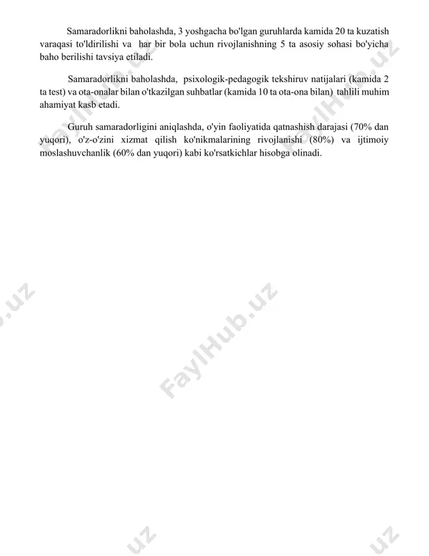 onalar bilan o'tkazilgan suhbatlar (kamida 10 ta ota-ona bilan) tahlili muhim ahamiyat kasb etadi. guruh samaradorligini aniqlashda, o'yin faoliyatida qatnashish darajasi (70% dan yuqori), o'z-o'zini xizmat qilish ko'nikmalarining rivojlanishi (80%) va ijtimoiy moslashuvchanlik (60% dan yuqori) kabi ko'rsatkichlar hisobga olinadi. 📌xulosa maktabgacha ta'lim muassasalarida qisqa muddatli guruhlarni tashkil etish bolalarni ijtimoiylashtirish, ularning rivojlanishini individualizatsiya qilish va o'quv jarayonini samaraliroq tashkil etish imkonini beradi, bu esa ta'lim sifatini oshirishga yordam beradi. 📚foydalanilgan adabiyotlar 1. maxsusova, n. a. (2020). maktabgacha ta'lim muassasalarida qisqa muddatli guruhlarni tashkil etishning pedagogik asoslari. pedagogika fanlari bo'yicha ilmiy maqolalar to'plami, 12(2), 55-62. 2. rahimova, z. x. (2018). maktabgacha yoshdagi bolalar bilan ishlashda qisqa muddatli guruhlardan foydalanishning samaradorligi