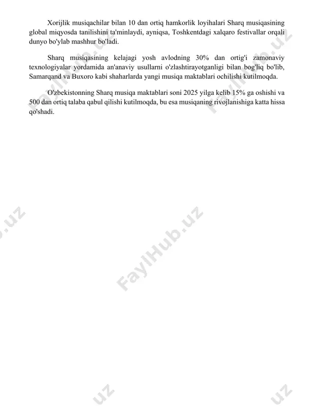 ivallar orqali dunyo bo'ylab mashhur bo'ladi. sharq musiqasining kelajagi yosh avlodning 30% dan ortig'i zamonaviy texnologiyalar yordamida an'anaviy usullarni o'zlashtirayotganligi bilan bog'liq bo'lib, samarqand va buxoro kabi shaharlarda yangi musiqa maktablari ochilishi kutilmoqda. o'zbekistonning sharq musiqa maktablari soni 2025 yilga kelib 15% ga oshishi va 500 dan ortiq talaba qabul qilishi kutilmoqda, bu esa musiqaning rivojlanishiga katta hissa qo'shadi. 📌xulosa шарқ вилоятининг бой ва ранг-баранг маданияти ва мусиқа мероси ўзгача ўрин тутади. ундаги анъанавий ва замонавий йўналишларнинг уйғунлиги уни бетакрор қилади. бу маданиятнинг келажак авлодларга беминнат етказилиши муҳим аҳамиятга эга. 📚foydalanilgan adabiyotlar 1. sharq viloyatining madaniy merosi: tarix va zamonaviylik. [sharq region's cultural heritage: history and modernity.] toshkent: fan, 2020. 2. sharq viloyati musiqasining janr va uslublari. [genres and styles of sharq region's music.] samarqand: samarqand davlat universiteti nashriyoti, 2018. 3