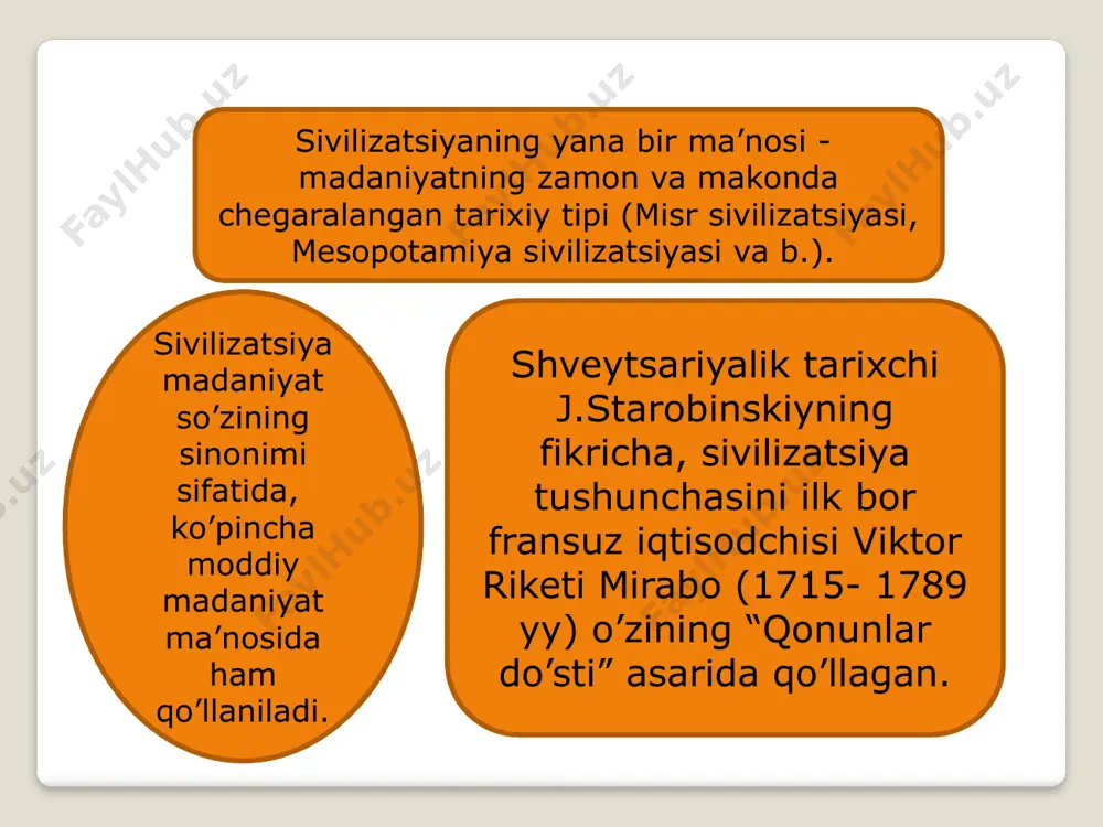 rix yozgan qavmlardan ekanligini ta`kidlaydi. qaysi millat ravnaqi taraqqiyotni istasa, tarixini bilishi lozim bo`ladi. tarix bir ko`zguga o`xshaydiki , har bir qavm o`zining ahvoli va ijtimoiy hayoti qoidalarini undan ko`rib, yaxshini yomondan farq qiladigan bo`ladi. ingliz ma`rifatparvar tarixchisi o.bolingbrokning ta`kidlashicha insoy har qanday tarixning pryedmyeti hisoblanadi. har bir voqyea, tarixiy jarayon insonning hatti harakati, uning biron maqsadga intilishi bilan izohlanadi. tarixni davrlashtirishda inson jamiyati tarixining boshlanishi masalasi muxim o`rin tutadi. v.yаkovyets uzining «stanovlyeniye postindustrial`noy tsivilizatsii (1992); «u istokov novoy tsivilizatsii (1992); «ritm smyenы tsivilizatsiy i istorichyeskiye sud`ba rossii» (1994); «istoriya tsivilizatsii (1995); «istoriya mirovaya tsivilizatsii (1999) kabi kator asarlarida sivilizatsiya tyermining ilmiy taxlilini kyeltirgan. uning fikricha sivilizatsiya tyermini ikki ma`noda uz, mazmunini va yechimini topadi; jaxon sivilizatsiyasi va maxalliy xaraktyerga ega bulgan sivilizatsiyalar.