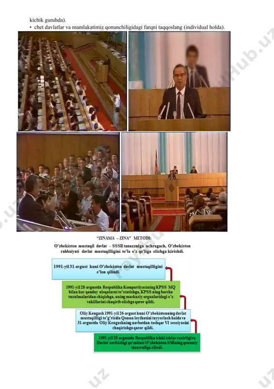 konstitutsiyalaridan farq qiladimi? keysni bajarish bosqchilari va topshiriqlar: • keysdagi muammoni hal qilish yo‘llarini aniqlang (individual va kichik guruhda). • chet davlatlar va mamlakatimiz qonunchiligidagi farqni taqqoslang (individual holda). test savollari: 1. o‘zbekistonning davlat mustaqilligini birinchi bo‘lib tan olgan xorijiy davlat nomi? a) fransiya; b) angliya; c)hindiston; d) turkiya. 2. mustaqil davlatlar hamdo‘stligi (mdh) qachon tashkil topdi? a) 1991 yil dekabrda; b) 1991 yil noyabrda; c) 1993 yil mayda; d) 1993 yil oktabrda. 3. o‘zbekiston respublikasining davlat bayrog‘i to‘g‘risidagi qonun respublika oliy kengashi tomonidan qachon qubul qilindi? a) 1991 yil 29 dekabrda; b) 1991 yil 18 noyabrda; c) 1991 yil 20 iyunda; d) 1992 yil 2 martda; 4. mamlakatimiz rahbari ........ yilni «obod mahalla yili deb» elon qildi. a) 2001 b)2002 c)2003 d)2004 5. "o‘zbekiston hududida joylashgan harbiy qismlar va qo‘shinlarni o‘z tasarrufiga olish to‘g‘risida"gi o‘zbekiston respublikasi oliy kengashining qarori qachon qabul qilingan? a) 1991-yil 26-avgust b) 1991-yil 22-iyul c) …