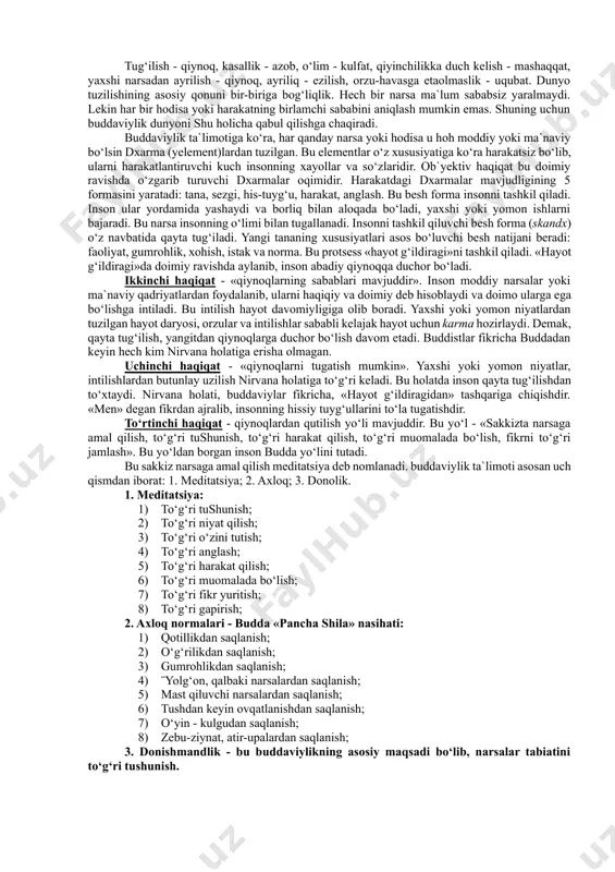 esa 483 yilda deb hisoblaydilar. ba`zan 560 - 480 deb to‘liq sonlar bilan ko‘rsatadilar. yuqorida zikr qilingan biografiyalarda buddaning haqiqiy hayoti bilan uning afsonaviy hayoti o‘zaro qorishib ketgan. siddxartxa shakya qabilasining podshohlaridan biri shuddxodananing o‘g‘li edi. uning saroyi ximolay tog‘lari etagida kapilavasti degan qishloqda bo‘lgan. (hozirda nepal hududida). onasi - malika mayya. podshoh o‘g‘lini orzu havaslar og‘ushida tarbiyalar, uni hech bir kamchiliksiz katta qiladi. ulg‘ayib qo‘shni podshohlardan birining qizi yashadxaraga uylanadi va o‘g‘il ko‘rib, unga raxula deb ism qo‘yadi. hech bir qiyinchilik va kamchilik ko‘rmay o‘sgan bola siddxartxa ittifiqo qarigan cholni, bemorni, og‘ir mehnatli bir rohibni uchratadi. bundan qattiq ta`sirlagan shahzoda insoniyatni qiyinchilik va azobdan qutqarish yo‘llarini axtarib saroyni tashlab ketadi. bu vaqtda u 30 yoshda edi. u beshta rohibga ko‘shilib, ular bilan qishloqma-qishloq kezib yuradi. ko‘p vaqt bu rohiblarga hamrohlik qilib, ularning yo‘llarida ma`lum maqsad yo‘qligini va bu yo‘l o‘z oldiga qo‘ygan maqsadi - insoniyatni azob uqubatdan qutqarishga olib …