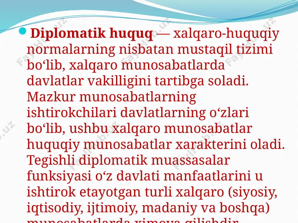 uniteti, shuningdek, harakat vositalarini tintuvdan, rekvizipiyadan, xibsdan va ijro harakatlaridan immuniteti; 3- , arxivlar va hujjatlarning har qanday vaqtda va ularning kayerda joylashganidan katiy nazar daxlsizligi kiradi. diplomatik agentlar (vakolatxona boshligi va uning diplomatik vakolatxona xodimlari), yuboruvchi davlat maxsus missiyalari vakillari va ular diplomatik xodimlari immuniteti qatoriga: birinchidan, ular shaxsining daxlsizligi (jumladan, xibsga olinishlari yoki boshqa biror shaklda ushlanishlari mumkin emas); ikkinchidan, ularning shaxsiy xonalari, qog‘ozlari, xatlari (diplomatik yozishmalari) va mulki daxlsizligi; uchinchidan, vakolatxona joylashgan davlat jinoiy, fuqarolik va ma’muriy yurisdiksiyasi immunitetiga kiradi. imtiyozlar — xorijiy vakillik organlari (va ular xodimlari) faoliyatining imtiyozli shartlari bo‘lib, odatda ulardan milliy yuridik va jismoniy shaxslar foydalanmaydilar. mazkur imtiyozli shartlar bunday vakillik organlarining rasmiy xalqaro-huquqiy maqomini inobatga oladi va ularga o‘zaro asoslarda mazkur organlar funksiya va vakolatlarining faoliyatini samarali amalga oshirishlariga kumaklashish maqsadida beriladi. diplomatik agentlar, yuboruvchi davlat maxsus missiya vakillari va uning diplomatik xodimlari quyidagi imtiyozlardan foydalanadilar: birinchidan, missiya joylashgan davlat hududi buylab …