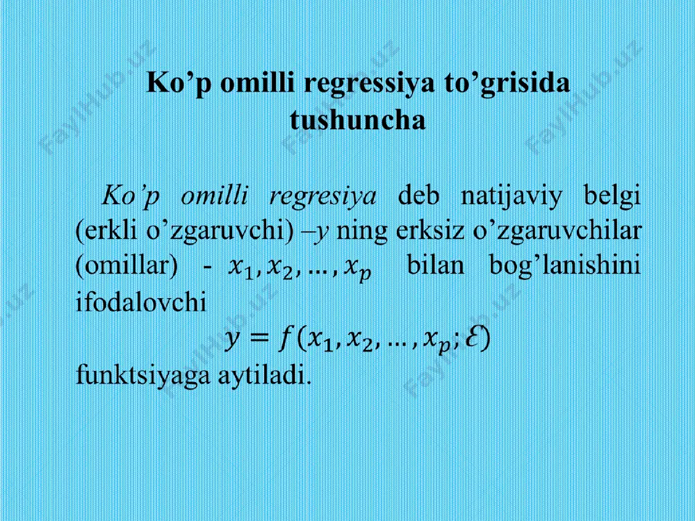 ilik oraliqlari (h17, j17; h18, j18 kataklardagi ma’lumotlarga asosan) quyidagicha: 2,114405245 0,515466765 olingan natijalar regression modelning statistic ma’nodorligiga kafolat beradi, uni bashorat masalalarida qo’llash mumkin. juft regressiyadan regressiyaning xususiy tenglamasini farqi shundan iboratki, u omillarni natijaga alohida – alohida ta’sirini tavsiflaydi, chunki bir omilni ta’sirini o‘rganilayotganda qolganlari o‘zgarmas holda ushlab turiladi. image1.png image2.png image3.png image1.wmf image2.wmf oleobject1.bin oleobject2.bin image7.png image3.wmf image4.png image5.png image6.png image8.png image9.png image10.png image11.png image130.png image12.png image13.jpeg image14.png image15.png image16.png image17.png image200.png image21.png image18.emf image19.emf image20.emf image21.emf image22.emf image23.emf image24.emf image25.emf image26.emf image27.emf image28.emf 2 2 1 1 0 x a x a a y + + = ï ï î ï ï í ì = + + = × + + = + + å å å å å å å å å å å 2 2 2 2 2 1 1 2 0 1 2 1 2 2 1 1 1 0 2 2 1 …