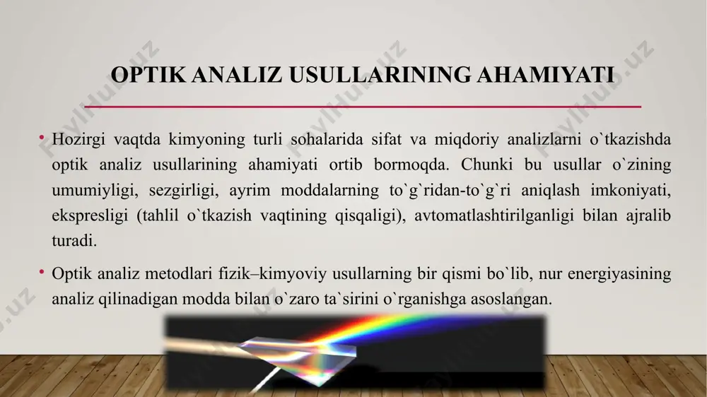 orqali o'tadigan ba'zi to'lqin uzunliklarini o'zlashtira oladi va mavjud past energiya holatidan yuqori energiya holatiga o'tishi mumkin. namuna kimyoviy tarkibiga qarab, namuna to'lqin uzunliklarini o'ziga tortadi, lekin hammasi emas. shunday qilib, namuna orqali to'lqin uzunliklarining so'rilmasligi o'tadi. keyin, yutilgan to'lqin uzunliklari va yutilish intensivligiga qarab, biz molekula o'tishi mumkin bo'lgan energetik o'tishlar tabiatini aniqlay olamiz va shuning uchun uning tuzilishi haqidagi ma'lumotlarni to'playmiz. atom spektroskopiyasi va molekulyar spektroskopiya o'rtasidagi farq atom va molekulyar spektroskopiya - bu namuna tarkibini aniqlash uchun elektromagnit nurlanish manbasidan foydalanadigan ikkita usul. biroq, atom spektroskopiyasi va molekulyar spektroskopiyaning asosiy farqi shundaki, atom spektroskopiyasi atomlar tomonidan so'rilgan va chiqariladigan elektromagnit nurlanishni o'rganishni nazarda tutadi, molekulyar spektroskopiya esa molekulalar yutadigan va chiqaradigan elektromagnit nurlanishni o'rganishni anglatadi. shunday qilib, atom spektroskopiyasi ma'lum bir namunada mavjud bo'lgan atomlarning turini, molekulyar spektroskopiya esa ma'lum bir namunadagi molekulalarning tuzilishini aniqlaydi. spektrofotometriya fotometrik analizda yutilish polosasining kengligi katta aham iyatga ega. polosaning kengligi …
