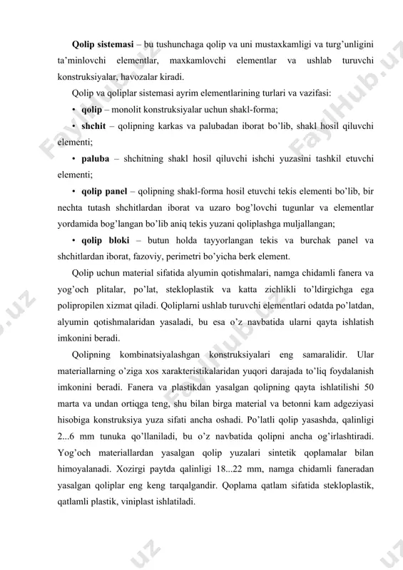 turalangan plastmassa qoliplar ham qo’llanilmoqda. ular statik yuklanishda yuqori mustahkamlikka ega va beton bilan ximik mosdir. polimerdan yasalgan qoliplar boshqa qoliplardan yengilligi, shaklini o’zgarmasligi va korroziyaga chidamliligi bilan ajralib turadi. plastmassa qoliplarning kamchiligi – termoishlov berilgandagi harorat 60°s gacha bo’lganda ularning yuk ko’taruvchanlik qobiliyati keskin kamayadi. metall palubasiga listli polipropilen qoplangan kombinatsiyalashgan qoliplar paydo bo’ldi. tok o’tkazuvchi to’ldirgichli kompozitlarni qo’llash betonga issiqlik ta’sirini boshqaradigan isituvchi qoplama olish imkonini beradi. qoliplarning asosiy turlari qoliplar funksional vazifasi bo’yicha betonlanayotgan konstruksiyalarni turiga qarab quyidagilarga tasniflanadi: · vertikal yuzalar uchun, shu jumladan devorlar; · gorizontal va yotiq yuzalar uchun, shu jumladan ora yopmalar; · devor va ora yopmalarni bir vaqtni o’zida betonlash uchun; · xona va aloxida kvartiralarni betonlash uchun; · egri chiziqli yuzalarni betonlash uchun (bunda asosan pnevmatik qoliplardan foyda-laniladi). devorni betonlash uchun quyidagi ko’rinishdagi qoliplar qo’llaniladi: mayda shchitli, yirik shchitli, blok –forma, blokli va sirpanuvchi. ora yopmalarni betonlash uchun mayda shchitli o’shlab …