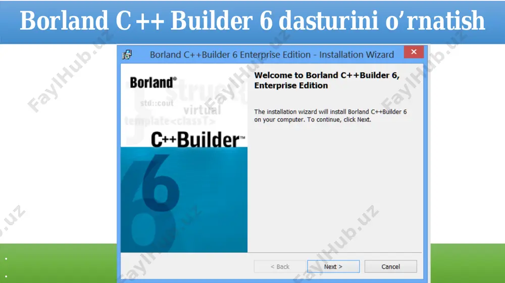 y kiritish/chiqarish dasturi uchun. bu yerda std - standart, i – input, o - output degani. # include - c++ da kiritish/chiqarish uchun, oddiy amallar bajarilsa. # include - standart funktsiyalarni ishlatish uchun # include - dasturning tashqi ko’rinishini shakllantirish uchun; # include - satr toifasidagi o’zgaruvchilar ustida amallar bajarish uchun; # include - standart kutubxona fayllarini chaqirish uchun; # include - kompyuter ichidagi soat qiymatlaridan foydalanish uchun; # include - c++ tilining grafik imkoniyatlaridan foydalanish uchun. misol xxy 88 8 += y=8*sqrt(pow(x,8))+pow(8,x) boshlanish x y tamom xxy 88 8 += misol konsol rejimini ishga tushirish file=> new=> other misol misol cin>>x; y=8*sqrt(pow(x,8))+pow(8,x); cout #include #pragma hdrstop #include "unit1.h" void __fastcall tform1::button1click(tobject *sender) { float a,b,x,y; x=strtofloat(edit1->text); y=strtofloat(edit2->text); a=pow(x,2)+sqrt(y); b=sin(x)+tan(y); label3->caption= "a="+floattostr(a); label4->caption= "b="+floattostr(b); } //------------------------------------------------------------------------- дастур void __fastcall tform1::button2click(tobject *sender) { close(); } //------------------------------------------------------------------------- дастур слайд номер 1 borland c++ builder 6 borland c++ builder 6 dasturini o’rnatish borland …