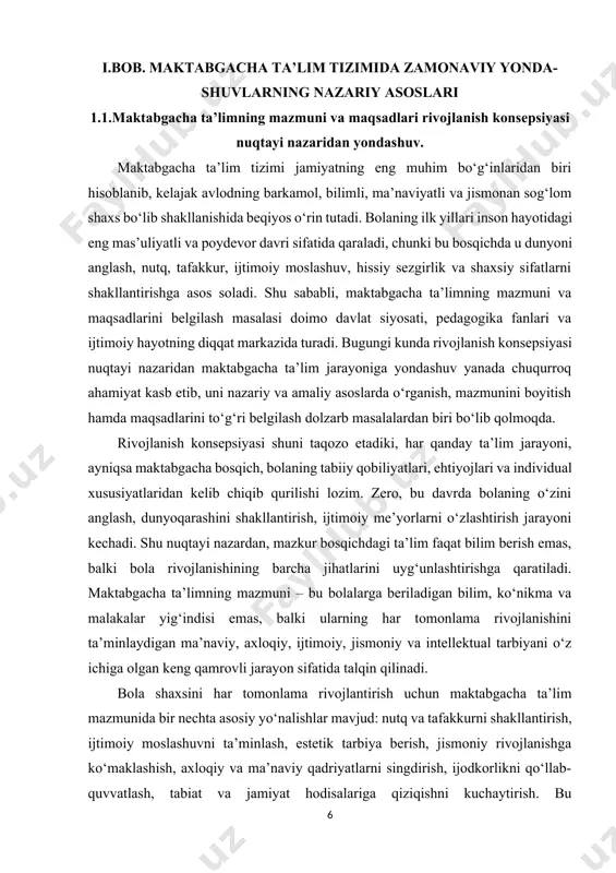 n qilinadi. bola shaxsini har tomonlama rivojlantirish uchun maktabgacha ta’lim mazmunida bir nechta asosiy yo‘nalishlar mavjud: nutq va tafakkurni shakllantirish, ijtimoiy moslashuvni ta’minlash, estetik tarbiya berish, jismoniy rivojlanishga ko‘maklashish, axloqiy va ma’naviy qadriyatlarni singdirish, ijodkorlikni qo‘llab-quvvatlash, tabiat va jamiyat hodisalariga qiziqishni kuchaytirish. bu yo‘nalishlarning har biri bola dunyoqarashi va shaxsiy rivojlanishi uchun poydevor bo‘lib xizmat qiladi. shu o‘rinda rivojlanish konsepsiyasi bola faolligini rag‘batlantirishni, uni o‘z-o‘zini rivojlantirishga yo‘naltirishni, ijodiy qobiliyatlarini yuzaga chiqarishni ham talab qiladi. maktabgacha ta’limning maqsadlari rivojlanish konsepsiyasi nuqtayi nazaridan quyidagilarni o‘z ichiga oladi: bolalarning sog‘lom turmush tarziga intilishini shakllantirish, milliy va umuminsoniy qadriyatlarga hurmat ruhida tarbiyalash, mustaqil fikrlash, o‘z-o‘zini ifoda etish va ijtimoiy moslashuv ko‘nikmalarini rivojlantirish, shuningdek, keyingi ta’lim bosqichlariga puxta tayyorlash. maqsadlarning bunday keng qamrovliligi bolani bir yoqlama emas, balki ko‘p qirrali rivojlantirish zaruratidan kelib chiqadi. maktabgacha ta’lim mazmuniga yondashishda milliy an’ana va qadriyatlarning, xalq og‘zaki ijodi va madaniyatining, zamonaviy pedagogik texnologiyalar va xalqaro tajribalar uyg‘unligiga katta …