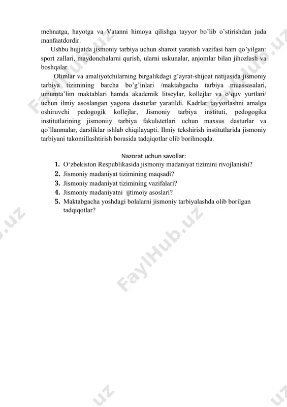 imofeeva, b.ch.vavilova, a.a.udyalova va boshqalarni (1960y.), pediatriya iti hodimi z.s.uvarova, bolalar va o’smirlar gigienasi iti hodimi g.p.yurko va boshqalar, jismoniy tarbiya institutlari, maktabgacha pedogogik kafedralarning o’qituvchilari o’z xissalarini qo’shganlar. sobiq sovet davrida jismoniy madaniyatning rivojlanishiga o’zbekiston jismoniy tarbiya sport ko’mitasi xodimlari va ustozlari r.i.ismailov rahbarligida, o’zbekiston davlat jismoniy tarbiya institutining yetakchi professor-o’qituvchilari o.a.rixsieva, a.i.yarotskiy, x.t.rafieva, o.m.jigallo va boshqa ko’pchilik olimlar o’z xissalarini qo’shganlar. ayniqsa o’zbekiston respublikasi mustaqil davlat bo’lgandan keyin jismoniy tarbiya masalalariga, qadriyatlarni tiklashga va uni rivojlanishiga katta e’tibor beriladi. o’zbekiston respublikasining ta’lim to’g’risidagi qonunida (29 avgust 1997y) bolalar jismoniy tarbiyasini yanada yaxshilash zarurligi yana bir bor ta’kidlandi. jamiyat yosh avlodni jismoniy jihatdan sog’lom, baquvvat, xushchaqchaq bo’lib, mehnatga, hayotga va vatanni himoya qilishga tayyor bo’lib o’stirishdan juda manfaatdordir. ushbu hujjatda jismoniy tarbiya uchun sharoit yaratish vazifasi ham qo’yilgan: sport zallari, maydonchalarni qurish, ularni uskunalar, anjomlar bilan jihozlash va boshqalar. olimlar va amaliyotchilarning birgalikdagi g’ayrat-shijoat natijasida jismoniy tarbiya tizimining barcha …