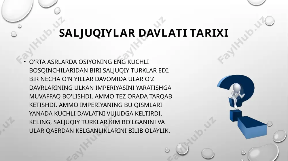 ishli tarzda kayd etibborgan. harbiy lar oʼzok safarlarda boʼlgan choglarida oʼzlariga berilgan yerlar xisobidan maosh olib, taʼminlanganlar. bu mablaglar qoʼshinlar borgan viloyat va mamlakatlar gaznasidan koplangan. ulush olgan harbiylarning nomlari ariz tomonidan maxsus ruyxatlarga kiritilgan.saljukiylar qoʼshinining komandir va askarlari xizmatlari uchun xam pul mukofoti, xam ozik-ovkat, jumladan don bilan ragbatlantirilganlar. harbiy amaldorlarga xak tulash ariz buyrugi varuxsatnomasi bilan maxsus ruxsatnoma (berat) va kuchirish xujjatlari (parvona) buyicha davlat devoni vositalari xisobidan amalga oshirilgan. devoni arizga bo’ysungan: sipouiylar (doimiy otryadlar) mutajaniylar saljuqiylar qo’shini tarkibi… saljukiylar qoʼshinlarining tarkibi usha davrdagi barcha maxalliy uruglar vakillaridan iborat edi. qoʼshinlarda 24 ugoʼz kabilalaridan tuplangan harbiy otryadlar mustakil harbiy birliklarni tashkil kilar, ularning har biri xon, malik yoki amir deb yuritiluvchi oʼz boshligiga ega edi. e’tiboringiz uchun rahmat!!! image3.png image4.gif image5.crdownload image6.jpg image7.png image8.jpg image9.gif image10.jpg image11.jpg image12.jpg image13.jpg image14.jpg image15.png image16.gif image1.png