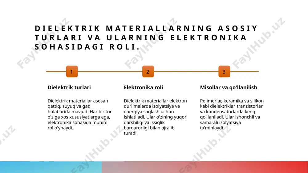 ishlash muddatini qisqartiradi va ishonchli bo'lishini ta'minlamaydi. namlik darajasi yuqori namlik dielektrik materiallar ichida korroziya va o'tkazuvchanlikni oshirishi mumkin, bu esa izolyatsiya sifatiga salbiy ta'sir ko'rsatadi va ishlashni zaiflashtiradi. radiasiya ta'siri ionlashtiruvchi radiasiya dielektrik materiallarga zarar yetkazishi mumkin, bu esa ularning mexanik va elektr xususiyatlarini o'zgartiradi, natijada izolyatsiya ishonchliligi pasayadi. elektronika izolyatsiyasidagi dielektrik materiallarning roli va ahamiyati. dielektriklar va izolyatsiya dielektrik materiallar elektronika izolyatsiyasida muhim rol o'ynaydi, ularning asosiy vazifasi elektr energiyasini o'tkazmaslik va xavfsizligini ta'minlashdir. ishonchli izolyatsiya dielektrik materiallar ishonchli izolyatsiyani yaratadi, bu esa qurilmalarning uzoq muddatli ishlashini ta'minlab, qisqa tutish va o'zgarishlardan himoya qiladi. xususiyatlar va qo'llanilishi har xil dielektrik materiallar turli xususiyatlarga ega bo'lib, ularni muayyan elektron qurilmalar uchun moslash va qo'llash imkonini beradi. innovatsion yechimlar zamonaviy elektronika uchun yangi dielektrik materiallar ishlab chiqish, izolyatsiya sifatini oshirish va energiya samaradorligini ta'minlashda muhim ahamiyatga ega. izolyatsiya sifatini baholashda foydalaniladigan metod va standartlar. izolyatsiya metodlari standartlar va qoidalar sinov …