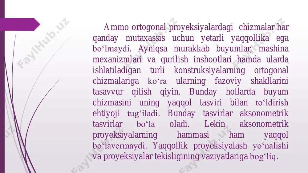 eyiladi. 3. uchala o‘qlar bo‘yicha o‘zgarish koeffitsenti turlicha bo‘lgan aksonometriyalar, ya’ni kx≠ky≠kz bo‘lsa – trimetrik proyeksiyalar deyiladi. 1. to‘g‘ri burchakli izometrik proyeksiya yoki izometriya. agar aksonometriyada uchala o‘q bo‘yicha o‘zgarish koeffitsentlari o‘zaro teng, ya’ni кх=ку=кz bo‘lsa, bu izometrik proyeksiya deb yuritiladi. ma’lumki, to‘g‘ri burchakli aksonometriyada o‘qlar bo‘yicha o‘zgarish koeffitsentlari kvadratlarning yig‘indisi 2 ga tengdir, ya’ni кх 2+ку 2+кz 2 =2 bo‘ladi. (4) demak izometriyada (4) ifodaga asosan 3кх2=2 bo‘lib, кх= 2 3 =0,82 ga teng bo‘ladi. bu qiymatni izometriyada nazariy o‘zgarish koeffitsentlari deb yuritiladi. biror buyumning bu koeffitsent orqali to‘g‘ri burchakli izometriyasini yasash uchun uning har bir nuqtasining x, y, z koordinatalarini yoki buyumning eni, bo‘yi va balandligini 0,82 ga ko‘paytirib so‘ngra yaqqol tasvirini yasashga to‘g‘ri keladi. ammo amaliyotda buyumning to‘g‘ri burchakli izometriyasini yasashda o‘qlar bo‘yicha o‘zgarish koeffitsentlarini кх=ку=кz=1 ga teng qilib olinsa, chizish surati birmuncha tezlashadi. bunda buyumning izometriyasi 1,22 marta kattalashgan bo‘ladi. chunki izometriyada keltirish koeffitsenti m= 1 …