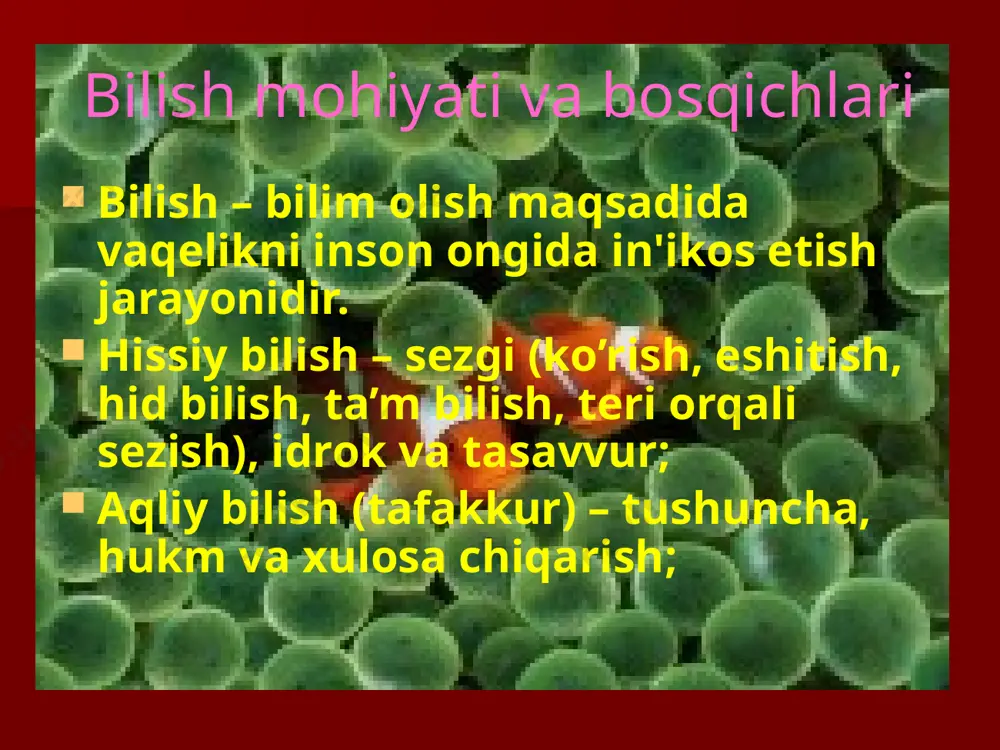 hilariga to`gri keladi. - diz’yunksiya belgisi; o`zbek tilidagi «yo», «yoki», «yohud» ayiruvchi bog`lovchilariga to`gri keladi. - implikatsiya belgisi; unga o`zbek tilida «agar … bo`lsa, … bo`ladi» degan ifoda to`gri keladi. - ekvivalentlik belgisi; unga o`zbek tilida «faqat va faqat shundaki…» degan ifoda to`gri keladi. - inkor qilish belgisi; predikatlar mantig`i tili a,b,c,…, - predmet nomlarini ifodalovchi simvollar, ular konstantalar deb ataladi. x,y,z,…, - predmetlarning umumiy nomlarini bildiruvchi simvollar. p1,q1,r1,…, pn,qn,rn – predikatlar uchun simvollar; bunda 1- bir o`rinli predikatlar, n – ko`p o`rinli predikatorni bildiradi. - hukmning miqdorini bildiruvchi simvollar; - umumiylik kvantori; unga o`zbek tilida «barcha», «har bir», «hech bir» kabi so`zlar to`gri keladi. - mavjudlik kvantori; unga o`zbek tilidagi «ba’zi», «ayrim» kabi so`zlar to`gri keladi. formal mantiqning asosiy qonunlari (printsiplari). formal mantiq fikrlar o’rtasidagi aloqani o’rganadi. bu aloqa va bog’lanishlar biz ularni bilishimiz yoki bilmasligimizdan qat'iy nazar mavjud bo’ladi. chunki bizning tafakkurimiz borliqning in'ikosidir. borliqdagi barcha narsa va …