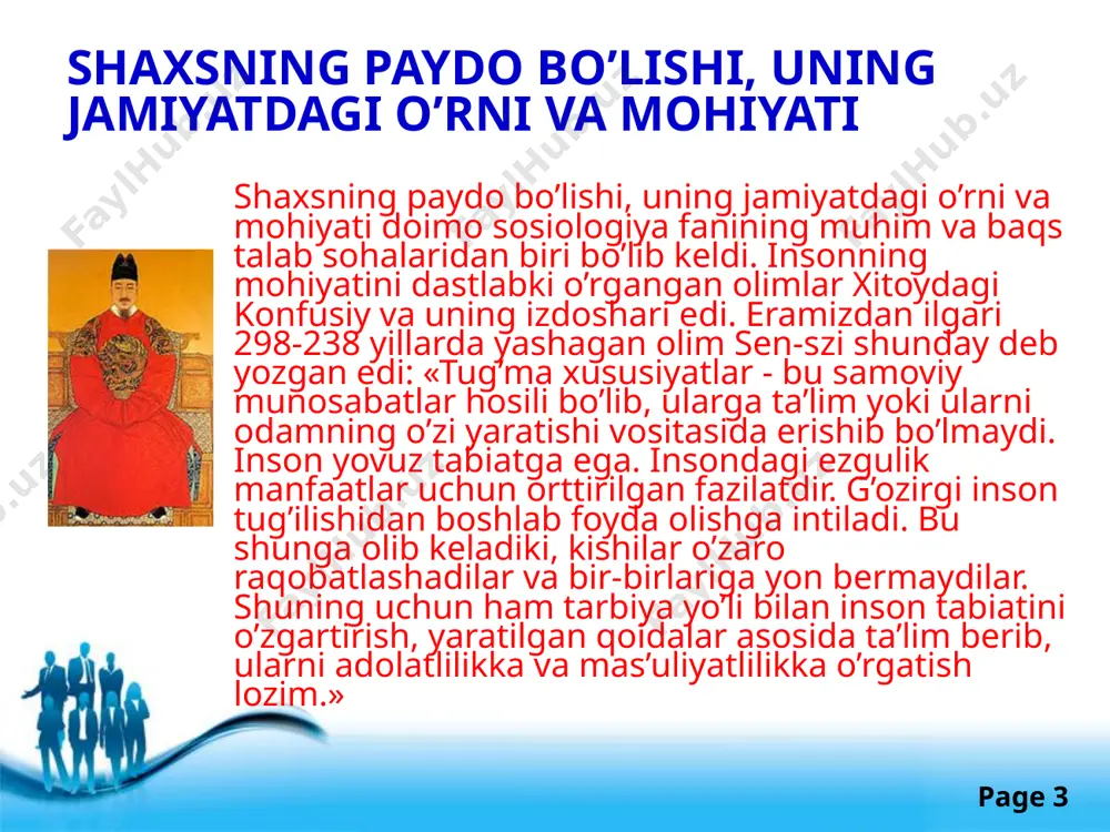 butun holda ularning har biriga yashash va yetuklikka erishuv uchun zarur bo’lgan narsalarni yetkazib beradi. shuning uchun inson shaxslari ko’paydilar va yerning aholi yashaydigan qismiga o’rnashdilar, natijada inson jamoasi vujudga keldi». free powerpoint templates page ‹#› inson fikrlovchi mavjudotdir. u ko’rgan va eshitganlarini yodda saqlaydi, o’z xayoloti, tasavvurlash qobiliyati vositasida bilimlarni, ma’lumot va axborotlarni tahlil qiladi, umumlashtiradi, ularni transformasiyalaydi, boshqalarga uzatadi, bilim va tajribalarni takomillashtiradi, o’z maqsadlari, orzulari va istaklarini tasavvurlay oladi. insondagi bu xususiyatlarni bn sino shunday talqin etadi: «inson umumiy qarashlarga nuqtai nazar bildirish va alohida narsalar to’g’risida fikrlash qobiliyatlariga egadir: u foydali yoki zararli ishni qilish va qilmaslik, go’zallik va xunuklikni farqlash, yaxshi va yomonni ajratish qobiliyatlariga ega. ular qiyoslash va tafakkurlash vositasida shakllanadi.... shunday qilib, inson ruhining birinchi kuchi aqliy mushohadaga taalluqli bo’lib, u aqliy tafakkur deb ataladi. ikkinchi kuch esa tajribaga taalluqli bo’lib, u tajribaviy fikrlash, deb ataladi. ular haqiqat yoki yolg’onni, shuningdek, xususiy narsalarga …