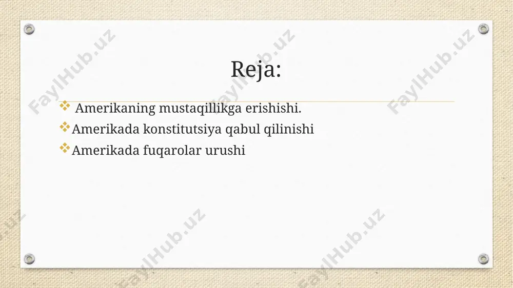 beruniy “qadimgi xalqlardan qolgan yodgorliklar” nomli muhtasham asarida dunyoning tarixini yaratdi. bu kabi olamshumul kashfiyotlaridan tashqari alloma yana bir bebaho kashfiyoti uchun insoniyatning cheksiz mehr-muhabbati va olqishiga loyiq deb bilayman: u xristofor kolumb amerikani kashf etishidan 500 yil burun, dengiz safariga chiqmasdan turib, shimoliy va janubiy amerika materiklarining mavjudligini aniqlab bergan. aqsh mustaqillik deklaratsiyasi aqsh mustaqillik deklaratsiyasi (1776-yil 4-iyul) — shimoliy amerikadagi angliya mustaqillik uchun urush davrida (1775-83) ingliz mustamlakalari vakillarining ikkinchi kontinental kongressi qabul qilgan. mustaqillik deklaratsiyasi thomas jeffersonning respublika va demokratiya ruhi bilan tuzilgan loyihasiga asoslangan. mustaqillik deklaratsiyasi mustamlakalarning metropoliyadan ajralganligini va yangi mustaqil davlat — amerika qoʻshma shtatlari barpo etilganligini, shuningdek, xalq erkinligini, barcha kishilarning qonun oldida tengligini eʼlon qildi. mustaqillik deklaratsiyasi katta tarixiy ahamiyatga ega boʻlgan. mustaqillik kuni? amerika qo’shma shtatalarida 4-iyul bayram kuni o’tkaziladi. 4 iyul 1776 yilda 13 ta shtat hokimlari deklaratsiyasiga qo’l qo’yishda qatnashdilar. bu tarixiy voqea fuiladelfiyaning shaharida bo’lib o’tdi. bu vaqtda …