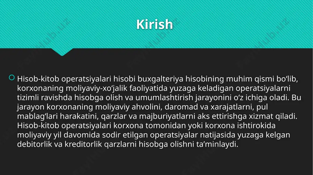 eratsiya mazmuni, summa, imzo va muhr) qatʼiy nazorat qilinadi. hisobga olish usullari 3. analitik va sintetik hisob: analitik hisobda har bir mol yetkazib beruvchi yoki toʻlov turi alohida hisobga olinadi, sintetik hisobda esa umumiy summalar jamlanadi. masalan, hisobvaraqlar rejasida hisobvaraqlar orqali guruhlash amalga oshiriladi. 4. xronologik va sistematik tartib: operatsiyalar yuzaga kelgan vaqt boʻyicha roʻyxatga olinadi va turlari boʻyicha tasniflanadi. kassa operatsiyalari kassa daftari orqali, bank operatsiyalari bank koʻchirmasi yordamida hisobga olinadi. hisobga olish usullari 5. jurnal order va qaydnoma usuli: hisob-kitoblar jurnal order va qaydnoma shakllari orqali yuritiladi. banklarda hisobga olish usullari qonuniy tartibga asoslanadi, operatsiyalar masʼul ijrochilar tomonidan tekshiriladi, qonuniyligi va haqiqiyligi nazorat qilinadi. hujjatlar aylanishi bankning ish kunida amalga oshiriladi. misollar 1. kassaga naqd pul kirimi: debet hisobi – pul mablagʻlari, kredit hisobi – hisobvaraq. masalan, kassaga naqd pul kirimi debitor hisobini oshiradi va kredit hisobvaraqni koʻrsatadi. 2. kassadan xodimlarg ish haqi toʻlash: debet hisobi – ish …