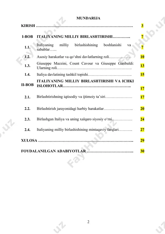 va iqtisodiy yuksalish jarayonlarining boshida turgan shaxslar va liderlarning roli bilan bog‘liq masalalarni chuqur tahlil qilish imkonini beradi. kurs ishining maqsadi: kurs ishining maqsadi italiyaning milliy birlashishining tarixiy jarayonini tahlil qilish, uning sabablarini va asosiy bosqichlarini o‘rganish, birlashish jarayonida muhim rol o‘ynagan shaxslar va harakatlarni aniqlashdan iboratdir. shuningdek, italiyaning milliy birlashishining ijtimoiy, iqtisodiy va siyosiy ta’sirini tahlil qilish, bu jarayonning avropadagi boshqa milliy birlashishlarga ta’sirini o‘rganish hamda birlashgan italiya davlati uchun yuzaga kelgan yangi siyosiy tizim va ijtimoiy shakllarni ko‘rib chiqish ham muhimdir. kurs ishining maqsadi shuningdek, italiyaning milliy birlashishining o‘rni va uning xalqaro siyosatdagi ahamiyatini tushunishga yordam berish, birlashgan italiya davlatining taraqqiyotiga olib kelgan islohotlarni o‘rganish va o‘shandagi ijtimoiy va siyosiy o‘zgarishlarni tahlil qilishdir. kurs ishining vazifalari: italiyaning milliy birlashish jarayonini tarixiy jihatdan tahlil qilish milliy birlashuvga olib kelgan ichki va tashqi omillarni aniqlash milliy harakatning asosiy yetakchilari (mazzini, garibaldi, kavur) va ularning faoliyatini o‘rganish xix asrdagi italiya davlatlari …