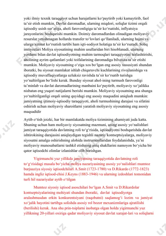 tadigan asosiy obyektlar – aholining turli qatlamlari, davlat institutlari (tashkilot-lari), sanoat va xoʻjalikning boshqa sohalari, mintaqalar va mamlakatlarning umumiy hududlarini aytib o‘tishimiz mumkun. moliya siyosatining asosiy quroli va tarkibiy qismi davlat budjeti daromadlari va harajatlari, soliq imtiyozlaridir. davlat tomonidan tanlangan iqtisodiy siyosatga va maqsadlarga qarab ayrim bandlar boʻyicha harajatlarni koʻpaytirish yoki kamaytirish orqali mamlakat hayotining u yoki bu tomonlariga, davlat institut-lariga, iqtisodiyot tarmoqlariga, harbiy harajatlarni yoki ilmiy texnik taraqqiyot uchun harajatlarni koʻpaytirib yoki kamaytirib, faol taʼsir etish mumkin. davlat daromadlar, ularning miqdori, soliqlar tizimi orqali iqtisodiy usish surʼatiga, aholi farovonligiga taʼsir koʻrsatishi, inflyatsiya jarayonlarini boshqarishi mumkin. doimiy daromadlardan olinadigan moliyaviy resurslar yetishmagan hollarda transfer to‘lovlari qoʻllaniladi, ularning hajmi va ularga xizmat koʻrsatish tartibi ham iqti-sodiyot holatiga taʼsir koʻrsatadi. soliq imtiyozlari moliya siyosatining muhim usullaridan biri hisoblanadi, ularning yordami bilan davlat iqtisodiyotning muhim tarmoqlari taraqqiyotini tezlashtirishi, aholining ayrim qatlamlari yoki toifalarining daromadiga bilvosita taʼsir etishi mumkin. moliyaviy siyosatning o‘ziga xos bo‘lgan …