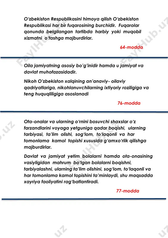 ‘zbekiston respublikasining prezidenti bo‘lishi mumkin emas. o‘zbekiston respublikasining prezidenti o‘zbekiston respublikasining fuqarolari tomonidan umumiy, teng va to‘g‘ridan-to‘g‘ri saylov huquqi asosida yashirin ovoz berish yo‘li bilan yetti yil muddatga saylanadi. o‘zbekiston respublikasining prezidentini saylash tartibi qonun bilan belgilanadi. 106-modda o‘zbekiston respublikasi prezidenti o‘z vazifasini bajarib turgan davrda boshqa haq to‘lanadigan lavozimni egallashi, vakillik organining deputati bo‘lishi, tadbirkorlik faoliyati bilan shug‘ullanishi mumkin emas. o‘zbekiston respublikasi prezidentining shaxsi daxlsizdir va qonun bilan muhofaza etiladi. 107-modda o‘zbekiston respublikasi prezidenti o‘zbekiston respublikasi oliy majlisi yig‘ilishida quyidagi qasamyodni qabul qilgan paytdan boshlab o‘z lavozimiga kirishgan hisoblanadi: “o‘zbekiston xalqiga sadoqat bilan xizmat qilishga, respublikaning konstitutsiyasi va qonunlariga qat’iy rioya etishga, fuqarolarning huquqlari va erkinliklariga kafolat berishga, o‘zbekiston respublikasi prezidenti zimmasiga yuklatilgan vazifalarni vijdonan bajarishga tantanali qasamyod qilaman” 108-modda o‘zbekiston respublikasining prezidenti: 1) fuqarolarning huquqlari va erkinliklariga, o‘zbekiston respublikasining konstitutsiyasi va qonunlariga rioya etilishining, o‘zbekiston respublikasi suvereniteti, xavfsizligi va hududiy yaxlitligining kafilidir, milliy-davlat tuzilishi masalalariga doir qarorlarni amalga …