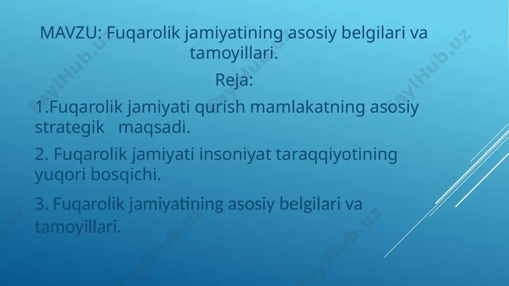 kiston respublikasi konstitutsiyasida fuqarolik jamiyatining asosiy qoida va talablarini aks ettiruvchi prinsipial ahamiyatga ega bo‘lgan normalar sifatida davlat xalq irodasini ifoda etib, uning manfaatlariga xizmat qilishi, davlat organlari va mansabdor shaxslar jamiyat va fuqarolar oldida mas’ul ekanligi (2modda), xalq davlat hokimiyatining birdan bir manbai hisoblanishi (7modda), o‘zbekiston respublikasi davlat hokimiyatining tizimi hokimiyatning qonun chiqaruvchi, ijro etuvchi va sud hokimiyatiga bo‘linishi prinsipiga asoslanishi (11modda), o‘zbekiston respublikasida ijtimoiy hayot siyosiy institutlar, mafkuralar va fikrlarning xilma-xilligi asosida rivojlanishi, hech qaysi mafkura davlat mafkurasi sifatida o‘rnatilishi mumkin emasligi (12modda) kabilarda fuqarolik jamiyatining asosiy prinsipial masalalari yuridik jihatdan mustahkamlanganligini ko‘rishimiz mumkin. o‘zbekistonda fuqarolik jamiyati asoslarini yaratish va rivojlantirish bo‘yicha amalga oshirilgan ishlarni fuqarolik jamiyati shakllanishini monitoring qilish mustaqil instituti tomonidan uch bosqichga bo‘lib tahlil qilish tavsiya etiladi. birinchi bosqich o‘z ichiga 1991-2000 yillarni qamrab oladi. bu davrda, birinchi navbatda fuqarolik jamiyatining shakllanishining asoslari yaratildi. ikkinchi bosqich (2000-2010 yillar)da mamlakatni demokratlashtirish va modernizatsiyalash bo‘yicha faol jarayonlar …
