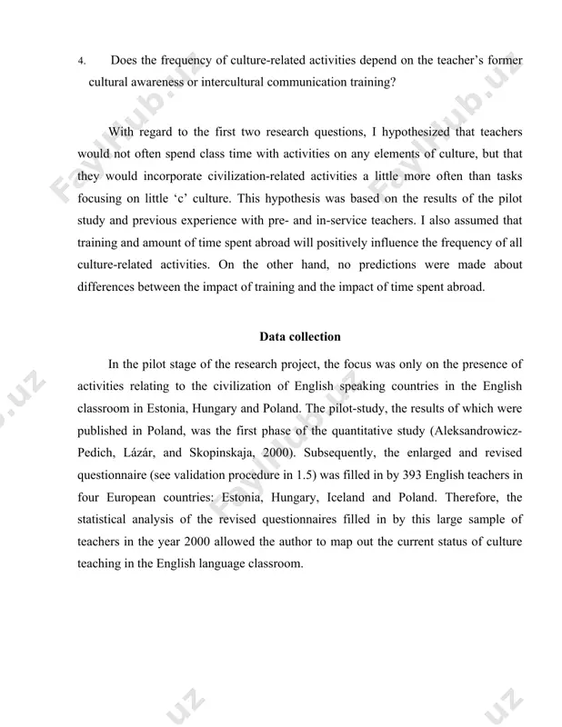 communicate in intercultural settings. the questionnaire (see appendix 1) was divided into three sections and took approximately 15 minutes to fill in. table 1 shows how the questionnaire was divided into three sections. section 1 6 questions about the frequency of big ‘c’ culture-related activities in the english lesson section 2 7 questions about the frequency of little ‘c’ culture-related activities in the english lesson section 3 5 sets of questions about country focus, level and age of students,coursebooks, the respondents’ age, qualification, sex, place of residence, mother tongue, stay abroad, previous cultural training table 1 the structure of the questionnaire the first section consisted of questions where respondents were asked to rate the frequency of big ‘c’ culture-oriented activities in their lessons. frequency was measured by the adverbs ‘never’, ‘rarely’, ‘sometimes’ and ’often,’ and the questions concerned types of activities that usually entail teaching about the civilization of the …