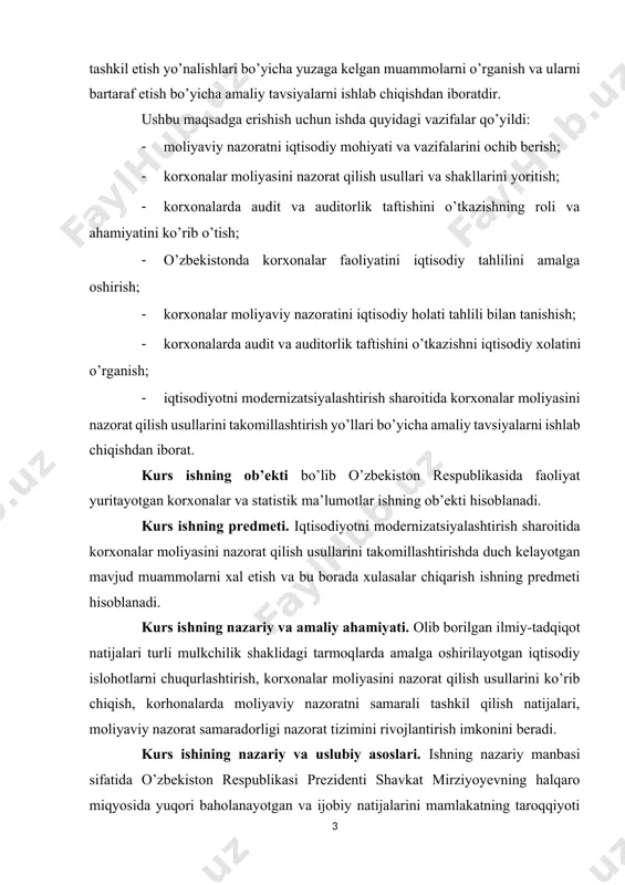 ni nazorat qilish usullarini ko’rib chiqish, korhonalarda moliyaviy nazoratni samarali tashkil qilish natijalari, moliyaviy nazorat samaradorligi nazorat tizimini rivojlantirish imkonini beradi. kurs ishining nazariy va uslubiy asoslari. ishning nazariy manbasi sifatida o’zbekiston respublikasi prezidenti shavkat mirziyoyevning halqaro miqyosida yuqori baholanayotgan va ijobiy natijalarini mamlakatning taroqqiyoti tajribasi tasdiqlanayotgan tanlangan asarlari to’plamiga kiritilgan kitoblaridan, ko’plab maqola va chiqishlarida bozor iqtisodiyotiga o’tish borasidagi vazifalari haqidagi asarlari asos qilib odingan. ishning hajmi. kurs ishda kirish, uch reja, xulosa, adabiyotlar ro’yxatidan iboratdir. shuningdek ishda rasm va jadvallar mujassamlashgan. 1. moliyaviy nazorat haqida tushuncha va uning zarurati moliyaviy nazorat bozor munosobatlarning chuqurlashtirish sharoitida iqtisodiyotning erkinlashtirish tizimining etakchi zarur elementi sifatida shakllanib, rivojlanib boradi. moliyaviy nazorat mamlakatimizda mavjud milliy boyligimizni va yaratilgan moddiy ne’matlarimizni hamda aholining manfaatlarini himoya qilishga yo’naltirilgandir. davlatning moliyani boshqarish borasidagi faoliyati ko’p qirrali, turli-tuman moliyaviy munosabatlarni tashkil qilishdan iborat bo’lib, ular moliya nazorati orqali amalga oshiriladi. davlat moliyaviy nazorati davlat siyosatini amalga oshirish, …