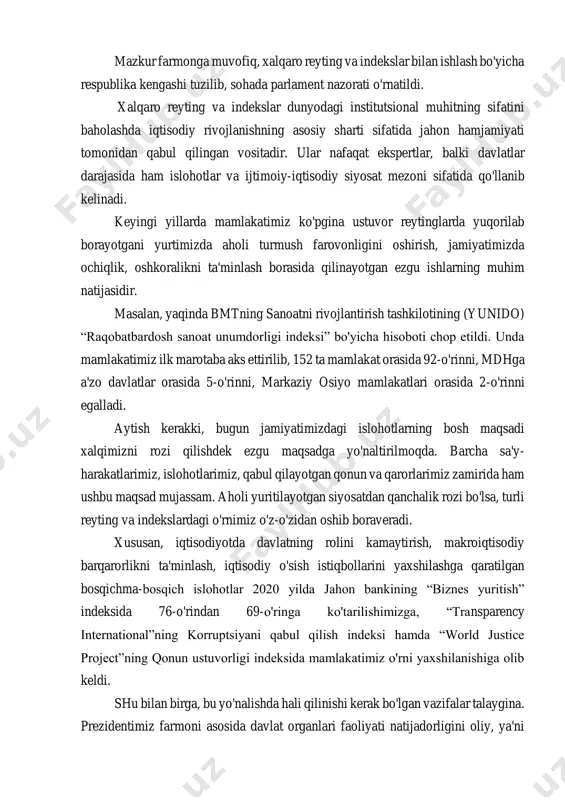 arlament nazorati o'rnatildi. xalqaro reyting va indekslar dunyodagi institutsional muhitning sifatini baholashda iqtisodiy rivojlanishning asosiy sharti sifatida jahon hamjamiyati tomonidan qabul qilingan vositadir. ular nafaqat ekspertlar, balki davlatlar darajasida ham islohotlar va ijtimoiy-iqtisodiy siyosat mezoni sifatida qo'llanib kelinadi. keyingi yillarda mamlakatimiz ko'pgina ustuvor reytinglarda yuqorilab borayotgani yurtimizda aholi turmush farovonligini oshirish, jamiyatimizda ochiqlik, oshkoralikni ta'minlash borasida qilinayotgan ezgu ishlarning muhim natijasidir. masalan, yaqinda bmtning sanoatni rivojlantirish tashkilotining (yunido) “raqobatbardosh sanoat unumdorligi indeksi” bo'yicha hisoboti chop etildi. unda mamlakatimiz ilk marotaba aks ettirilib, 152 ta mamlakat orasida 92-o'rinni, mdhga a'zo davlatlar orasida 5-o'rinni, markaziy osiyo mamlakatlari orasida 2-o'rinni egalladi. aytish kerakki, bugun jamiyatimizdagi islohotlarning bosh maqsadi xalqimizni rozi qilishdek ezgu maqsadga yo'naltirilmoqda. barcha sa'y- harakatlarimiz, islohotlarimiz, qabul qilayotgan qonun va qarorlarimiz zamirida ham ushbu maqsad mujassam. aholi yuritilayotgan siyosatdan qanchalik rozi bo'lsa, turli reyting va indekslardagi o'rnimiz o'z-o'zidan oshib boraveradi. xususan, iqtisodiyotda davlatning rolini kamaytirish, makroiqtisodiy barqarorlikni ta'minlash, iqtisodiy o'sish istiqbollarini …