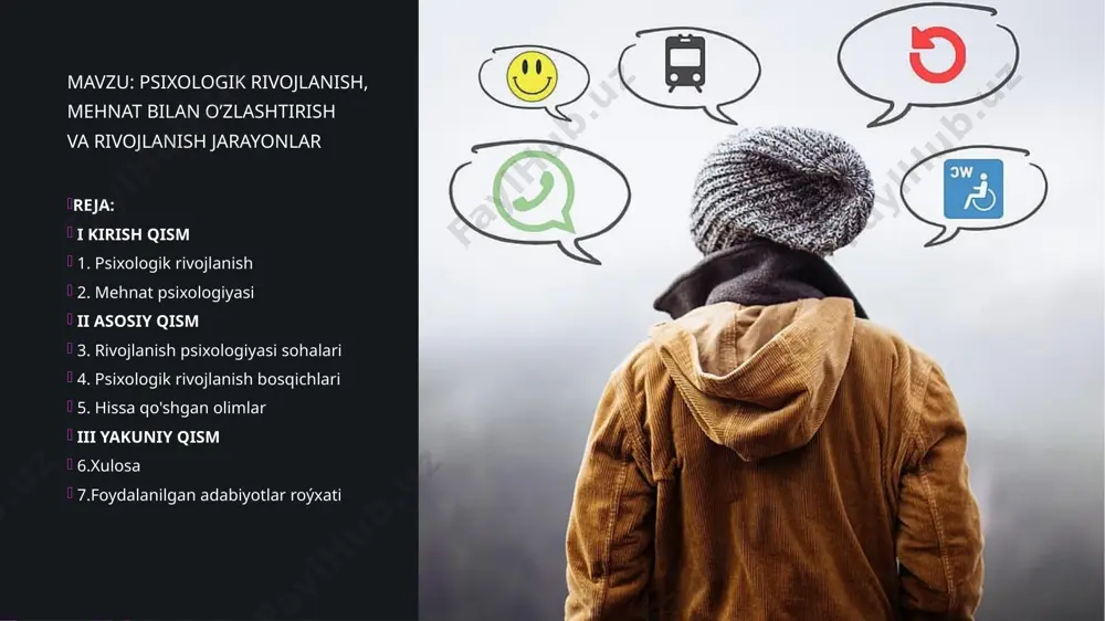 ehnatkashlarga zarur shart-sharoit yaratib berish, kasb layoqatini aniqlash, kasb kasalliklarining , ishlab chiqarishda jismoniy falokatlarning , psixologik stress, tolikish va zoʻriqish holatlarining oldini olishdir. rivojlanish psixologiyasi sohalari rivojlanish psixologiyasi ta'lim psixologiyasi, bolalar psixopatologiyasi, sudtibbiy rivojlanish psixologiyasi, bolalar rivojlanishi, kognitiv psixologiya, ekologik psixologiya va madaniy psixologiya sohalarni o'z ichiga oladi. xx asrning nufuzli rivojlanish psixologlari orasida urie bronfen renner, erik erikson, zigmund freyd, anna freyd, jan piaget, barbara rogoff, ester thelen va lev vygotsky bor. psixologik rivojlanish bosqichlari sensatsion , sezgi bosqichi, ayniqsa murakkab bo'lmagan, shartsiz reflekslar bilan tavsiflanadi. motor apparati bir vaqtning o'zida - sensorli, eshitish, ko'rish, hidlash va hokazolarni ishlab chiqadi. fikrlash bosqichi murakkab nerv tizimining ko'rinishini belgilaydi, uning analizatorlari orasidagi bog'lanishni tashkil etuvchi qismlari yaxshilanadi. avvalo, vosita xotirasi paydo bo'ladi. hayvonlar o'z his-tuyg'ularini namoyon etish qobiliyatiga ega. intellektual : maqsadlarga erishish yo'lidagi qiyinchiliklar bo'lsa intellektual muomala qilish qobiliyati, ammo bunday xatti-harakatlar odatda xatti-harakatlarda hukmron emas. psixologik va jismoniy …