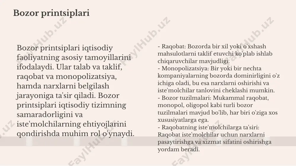 inlaydi. o'zbekistonda muvaffaqiyatli innovatsion strategiyalarga misol sifatida, it startaplarining rivojlanishi va qishloq xo'jaligida yangi texnologiyalarni joriy etish ko'rsatilishi mumkin. ushbu strategiyalar raqobatbardosh mahsulotlar ishlab chiqarish va xalqaro bozorlarda muvaffaqiyat qozonish imkoniyatini oshiradi. globalizatsiya va bozor iqtisodiyoti globalizatsiyaning ta'siri globalizatsiya jarayoni, mamlakatlar o'rtasidagi iqtisodiy aloqalarni kuchaytiradi va bozorlar integratsiyasini ta'minlaydi. bu jarayon, xalqaro savdoning o'sishini va investitsiyalar oqimini tezlashtiradi. mahalliy va global bozorlar mahalliy bozorlar global bozorlar bilan bo'g'liq bo'lib, ularning rivojlanishi global tendensiyalarga ta'sir qiladi. mahalliy ishlab chiqaruvchilar global raqobatga duch kelib, innovatsiyalarni joriy etishga majbur bo'lishadi. kelajak tendensiyalari kelajakda, globalizatsiya jarayonida raqobatbardoshlikni oshirish va mahalliy iqtisodiyotlarni barqaror rivojlantirish uchun yangi strategiyalar ishlab chiqilishi zarur. bu, iqtisodiy o'sishni va jamiyat farovonligini ta'minlashda muhim ahamiyatga ega. 01. 02. 03. xulosa - bozor iqtisodiyoti talab, taklif va narxlar o'rtasidagi munosabatlarni belgilaydi. - raqobat iqtisodiy samaradorlik va innovatsiyalarni oshiradi. - iqtisodiy o'sish uchun ta'lim va malaka oshirish muhimdir. - kelajakda raqamli iqtisodiyot va …