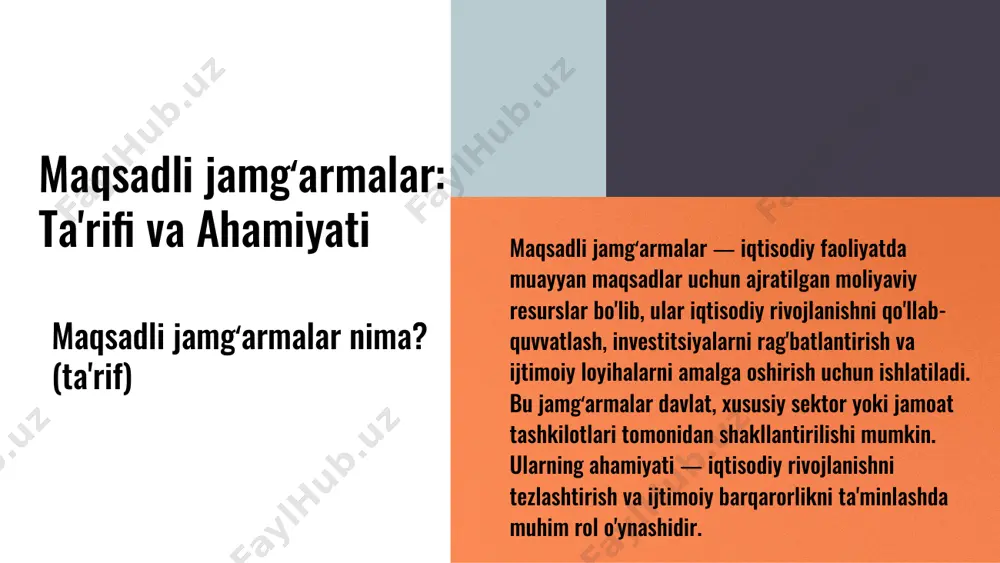 ish. amaliy misollar: maqsadli jamgʻarmalar oʻzbekiston respublikasida maqsadli jamgʻarmalar iqtisodiy rivojlanishni qoʻllab-quvvatlash uchun tashkil etilgan. ularning maqsadi resurslarni samarali taqsimlash va barqaror iqtisodiy o‘sishni rag‘batlantirishdir. natijalarda muhim ijtimoiy va iqtisodiy o‘zgarishlar kuzatilmoqda. germaniya va shvetsiyada maqsadli jamgʻarmalar muvaffaqiyatli qo‘llanilib, innovatsiyalar va muammo hal qilishda yordam beradi. bu tajribalar o‘zbekistonga moslashtirilmoqda, natijada samaradorlik oshmoqda. misol 1: oʻzbekistonning maqsadli jamgʻarmasi xalqaro tajribalar samaradorlikni oshirish uchun tavsiyalar: resurslarni samarali taqsimlash, rejalashtirish va tahlil; innovatsion yondashuvlar, texnologiyalarni joriy etish; oʻzaro hamkorlikni kuchaytirish, mahalliy va xalqaro hamkorlikni rivojlantirish. bu strategiyalar bilan maqsadli jamgʻarmalarning samaradorligi oshadi. samaradorlikni oshirish uchun tavsiyalar photo by ali morshedlou on unsplash moliya boshqaruvi, marketing va monitoring strategiyalari maqsadli jamgʻarmalar uchun muhim. moliya nazorati, auditoriya tanlovi va natijalarni o‘lchash uchun konkret usullar ishlab chiqiladi. photo by jeremy beadle on unsplash amaliy natijalar va kelajak istiqbollari natijalar: olingan muvaffaqiyatlar maqsadli jamgʻarmalar iqtisodiy oʻsish va ijtimoiy rivojlanishga sezilarli ta'sir koʻrsatdi. masalan, yangi ish oʻrinlari …