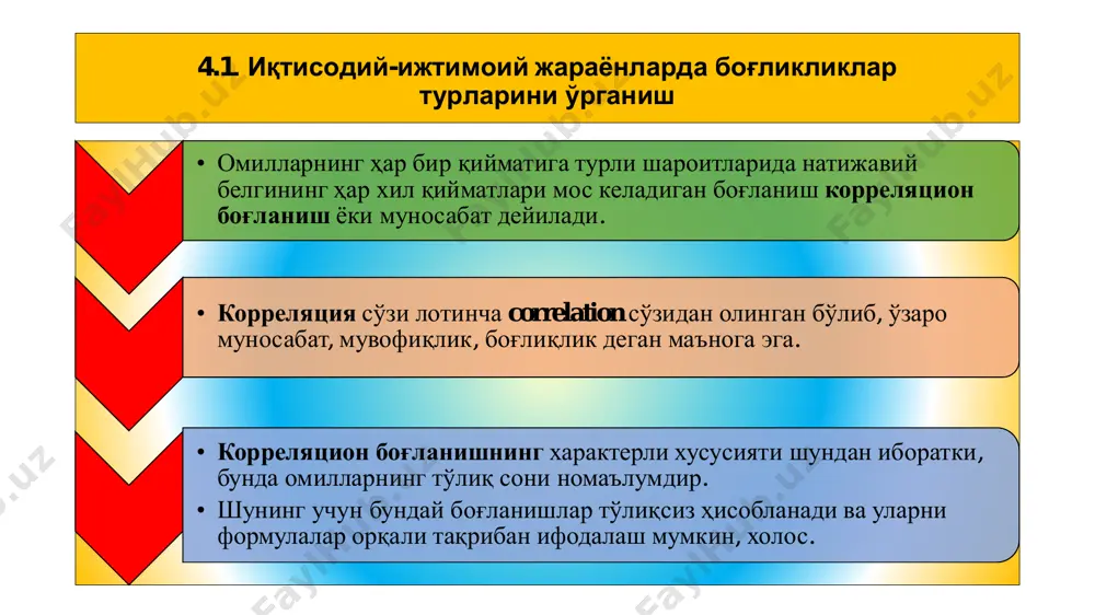 авий белги ни қийматини бир текисда ортиб (ёки камайиб) бори ши кузатилади (тўғри чизиқ тенгламаси билан ифодаланади) омилли белгининг қийма тини ортиб бориши билан натижавий белгини ноте кис ортиши (ёки камайи ши) кузатилади. (эгри чи зиқ тенгламаси билан ифо даланади) жуфт корреляция ҳақида тушунча корреляция таҳлили бу -тасодифий миқдорлар ўрта сидаги боғланишларни ўрганиш га бағишланган математик ста тистиканинг бўлими. кузатиш лардаги маълумотлар тасодифий ва бош тўпламдан танланган, кўп ўлчамли нормал қонуни бўйича тақсимланган деб ҳисоб лаш мумкин бўлганида қўллани лади эконометрик моделга киритилган белгиларни сонига қараб, корреляцион боғланишлар корреляцион боғланишлар бир омилли кўп омилли бир белги – омил ва нати- жавий белги ўртасидаги боғланиш (бошқа омиллар нинг таъсирини абстрак цияланганида) бир қанча белгилар – омил- лар ва натижавий белги ўр тасидаги боғланиш (омил ларнинг ҳаракати комплекс таъсир ўтказади, яъни бир вақтнинг ўзида ва ўзоро боғ лиқликда) корреляция коэффициентлари вариантлари корреляция жуфт хусусий кўплик икки белги ўрта- сидаги боғланиш (натижа ва …