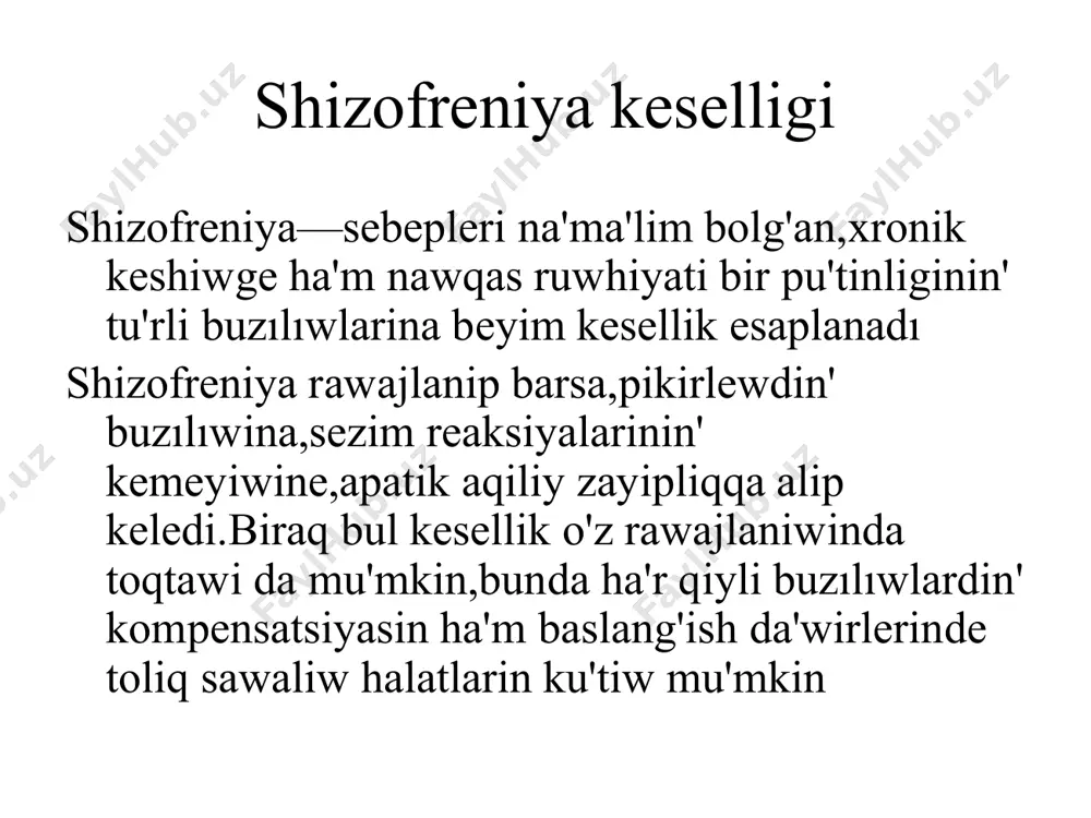 menen emlew. kop jag’daylarda psixotroplardan neyroleptik (aminazin,triftazin,propazin,asetazin,galoperidol,rezerpin)dariler isletiledi. eger kesellik xronik keshiwge otken bolsa,neyroleptiklar menen birge kompleks emlew alip bariladi. tsirkulyar dawri shizofreniyada neyroleptiklar menen birge antidepressant (melioramin) stimulyatorlar menen birge beriledi. paydalanilgan adebiyatlar: 1. abdullaeva v.k., sharipova f.k., babaraximova s.b., iskandarova j.m. xususiy psixiatriya. o'quv qo'llanma. – toshkent. navro'z. 2015 y. 2. xodjaeva n.i., shoyusupova a.u. psixiatriya: tibbiyot institutlari talabalari uchun. darslik. – toshkent. mehridaryo. 2011 y. 3. agranovskiy m.l. obshaya psixologiya i psixopatologiya. uchebnoe posobie. – andijan. oao andijon nashriyoti. 2010 y. www.ziyonet.uz; www.lex.uz; www.bilim.uz. www. info@ minzdrav.uz 5.www.info@tma.uz image1.jpeg image2.jpeg image3.jpeg image4.jpeg image5.jpeg image6.png image7.jpeg /docprops/thumbnail.jpeg