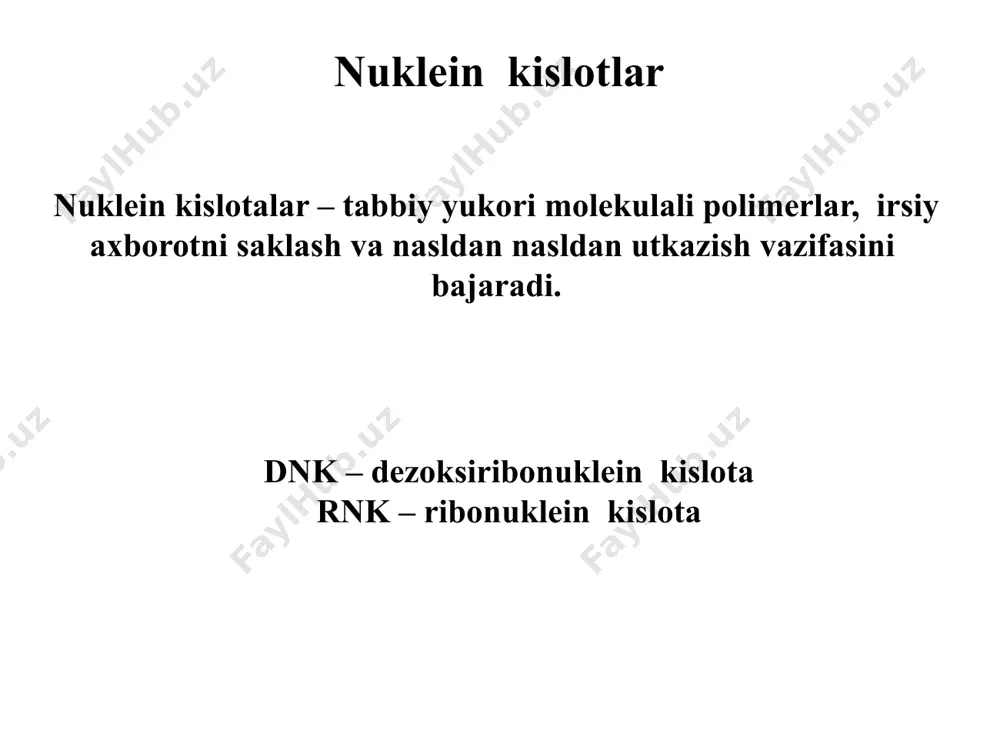 iy axborot 4 xarfli kodlangan m-rnkdan, ribosomalarda 20-xarfli oksil strukturasiga utkazilishi. replikatsiya replikatsiya – bu dnk ikki kissa ortishi. komplementar zanjirni 2 kismga lokal ajralishi; ona dnkasini xar bir zanjiri matritsa vazifasini bajaradi; kiz dnk sintezi azotli asoslarni komplementarli asosida amalga oshadi; buni natijasida irsiy axborot ikki xissaga oshadi. dnk yarim konservativ yol bilan replikatsiya qilinadi. replikatsiya turlari: konservativ yarim konservativ dispers dnk ning yarim konservativ sintezi replikatsiya replikatsiya mexanizmi yarimkonservativ – 2ta ona dnkasi zanjirlari boshka- boshka kiz dnkalar tarkibida buladi . replikatsiya replikativ ayri lidiruyushaya tsep sinteziruetsya neprerivno v napravlenii dvijeniya replikativnoy vilki (5' → 3'). zapazdivayushaya tsep sinteziruetsya korotkimi fragmentami okazaki (1000 p.n.), kotorie zatem sshivayutsya. replikatsiya dnkani gigant molekulasida replikatsii – replikonlar bir vaktni uzida bir necha yuz nuktasida buladi. . bu esa vaktni tejaydi va dnkani despiralizatsiyasini oldini oladi. dnk sintezi uchun zarur: dnkga boglik dnk-polimeraza dezoksiribonukleozidtrifosfatlar dnk matritsa magniy ionlari dnk-xelikaza dnk-giraza dnkni boglovchi …
