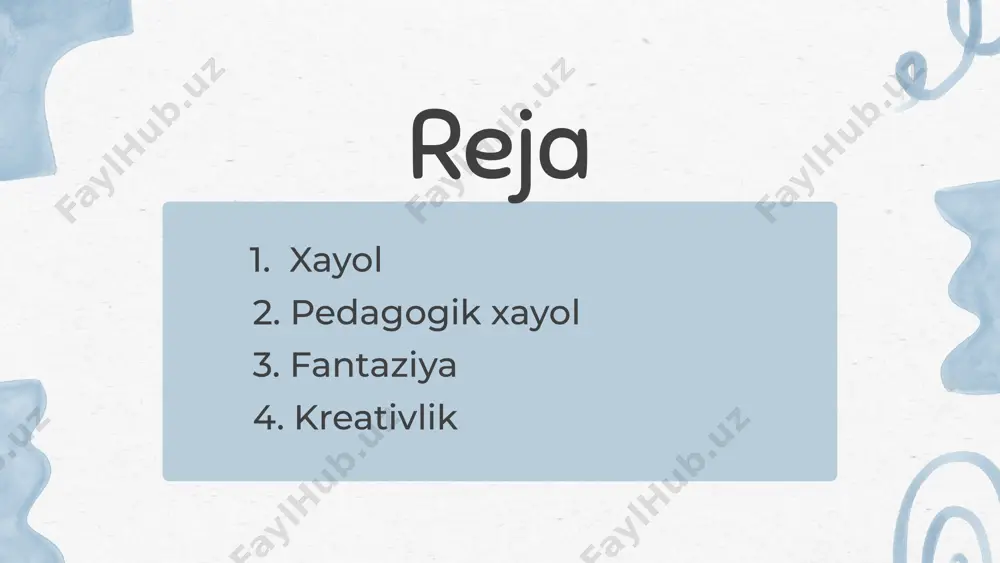 els ppt/slides/_rels/slide7.xml.rels ppt/slides/_rels/slide8.xml.rels [content_types].xml _rels/.rels docprops/custom.xml 205-guruh talabasi esonova marjona kasbiy pedagogik fantaziya reja xayol 2. pedagogik xayol 3. fantaziya 4. kreativlik xayol xayol (arabcha oʻylash, tasavvur qilish) – maʼnaviy hodisa, tafakkur singari bilish jarayonlaridan biri. u insonning ruhiy faoliyatida, muayyan darajaga ega boʻlgan muammoli vaziyat vujudga kelishida hamda uning hal qilinishida ishtirok etadi. binobarin, xavfsizlik ham ruhiy faoliyatning bir turi hisoblanadi. u hayotda inson tomonidan idrok etilmagan tasavvur hamda oʻydagi holatlarning vujudga kelishidan tarkib topadi. xayol muayyan hissiy timsollarga yoki borliqning aniq andozalariga tayanadi. xayol uchun zamon va makon borasida chegara yoʻq. xayol hamisha voqelikdan oldinda yuradi va uni olgʻa yetaklaydi. kashfiyotga olib keluvchi gumon, faraz va sezgi ham xayolsiz boʻlmaydi. boshqacha aytganda, xayol voqelikni mohiyatiga koʻra umumlashgan holda idrok etish hodisasidir. amaliy faoliyat boshlanmasdan turib, uning mahsulini oldindan tasavvur qilish va ularni timsollar tariqasida vujudga keltirish xayolning asosiy vazifasi hisoblanadi. pedagogik xayol – kishining o’quvchilar shaxsini tarbiyaviy tomondan …